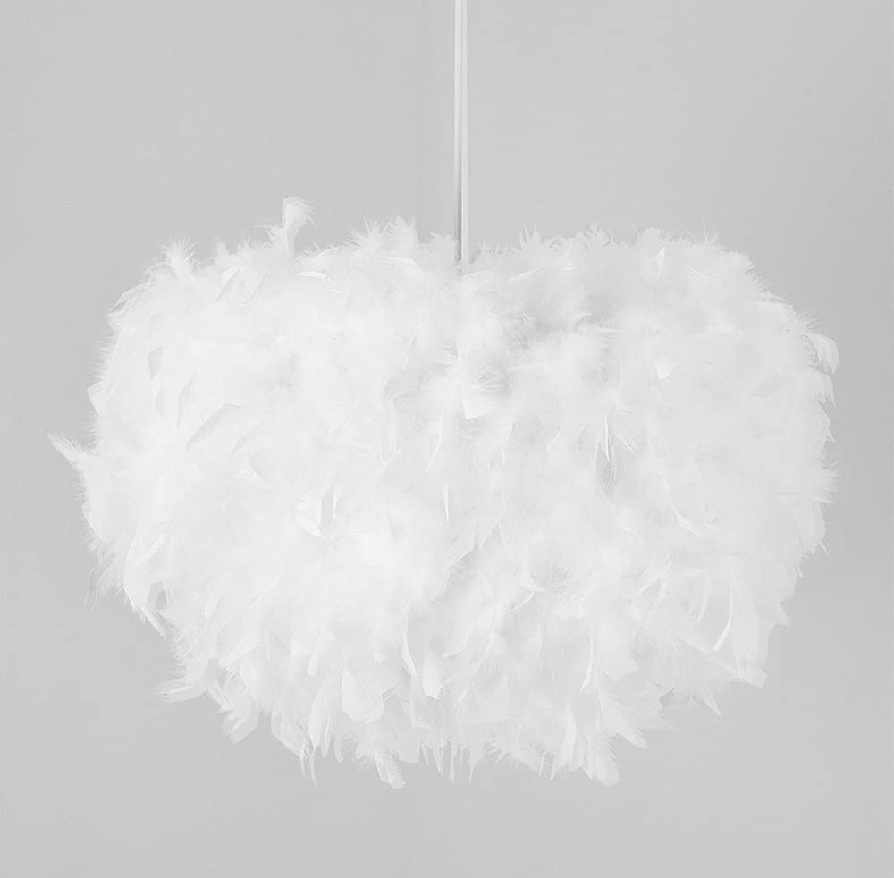 Hand-Woven White Feather Pendant Light with Plug-in Cord - Modern Hanging Ceiling Lamp for Bedroom, Living Room & Dining Room | Soft Ambient Lighting for Cozy Home Decor