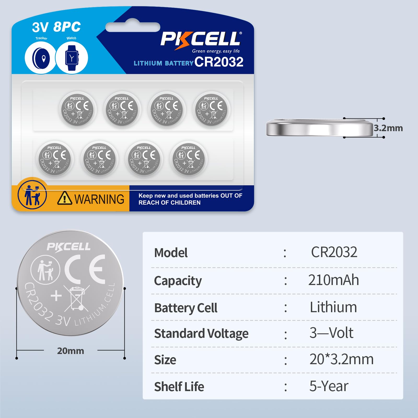 PKCELL CR2032 Batteries 8-Pack - 3V Lithium Coin Cell Battery for Watches, Key Fobs, Calculators & Medical Devices - Long-Lasting Power Supply