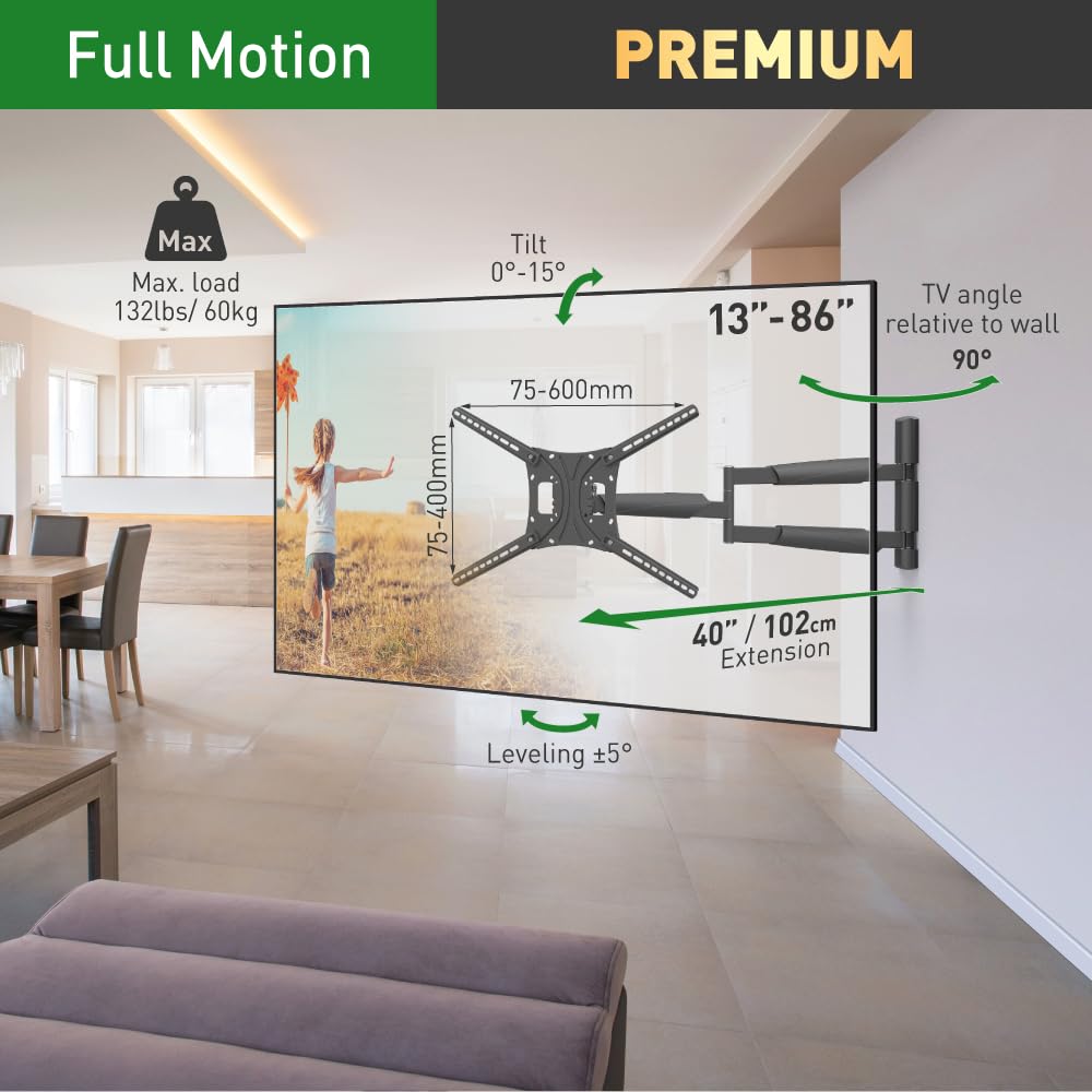 Barkan 40 Inch Long Full Motion TV Wall Mount for 13-83 Inch Flat/Curved Screens - 4-Way Articulating Arm, Extends Up to 40
