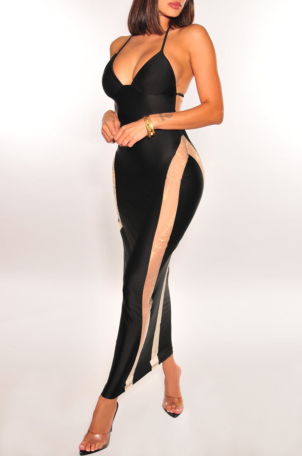 Black Nude Sheer Mesh V-Neck Halter Dress for Women - Sexy Party Clubwear, Evening Gown, Date Night Outfit