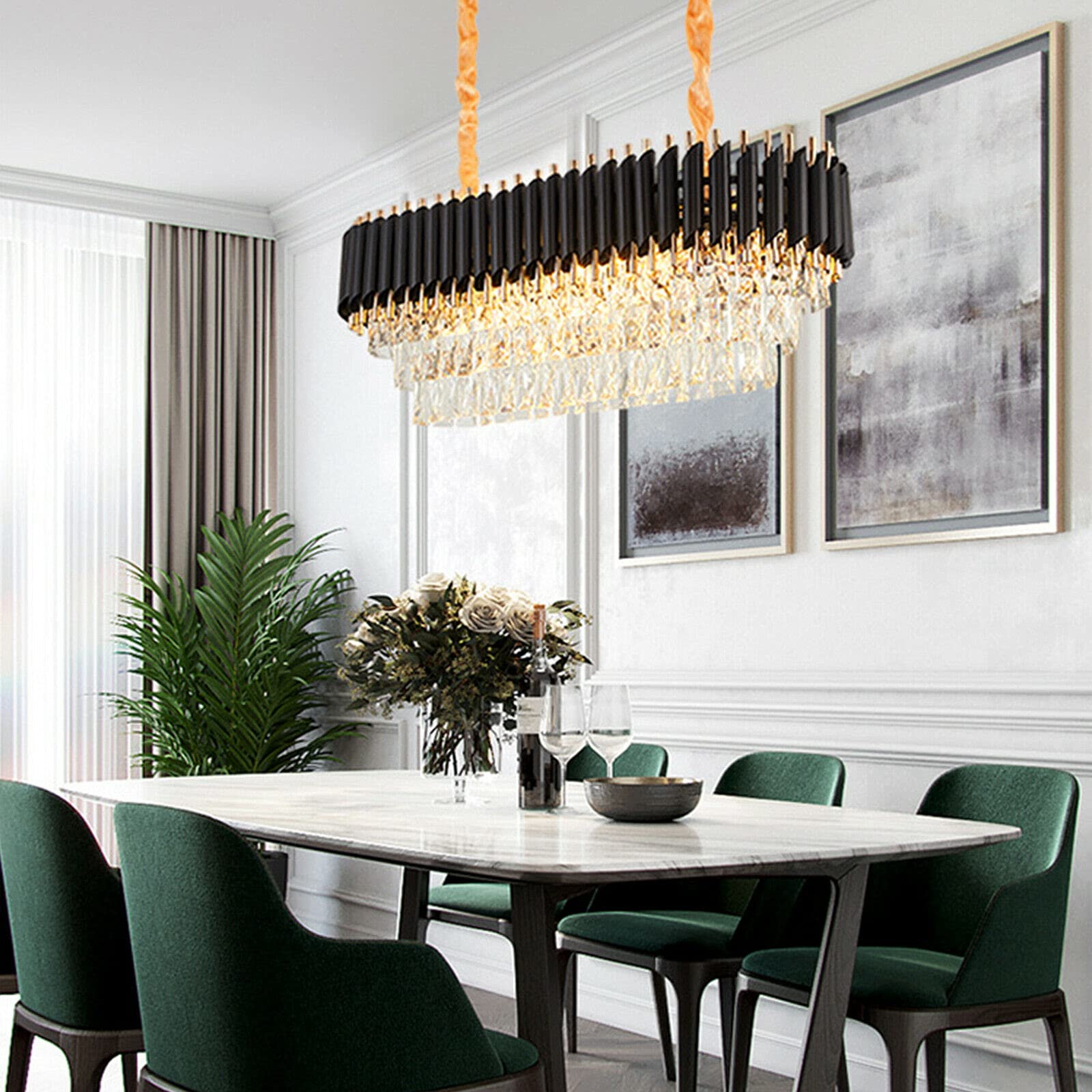 Modern 8-Light Rectangular Crystal Chandelier - E12 Base Chrome Linear Raindrop Hanging Light Fixture - 31.5