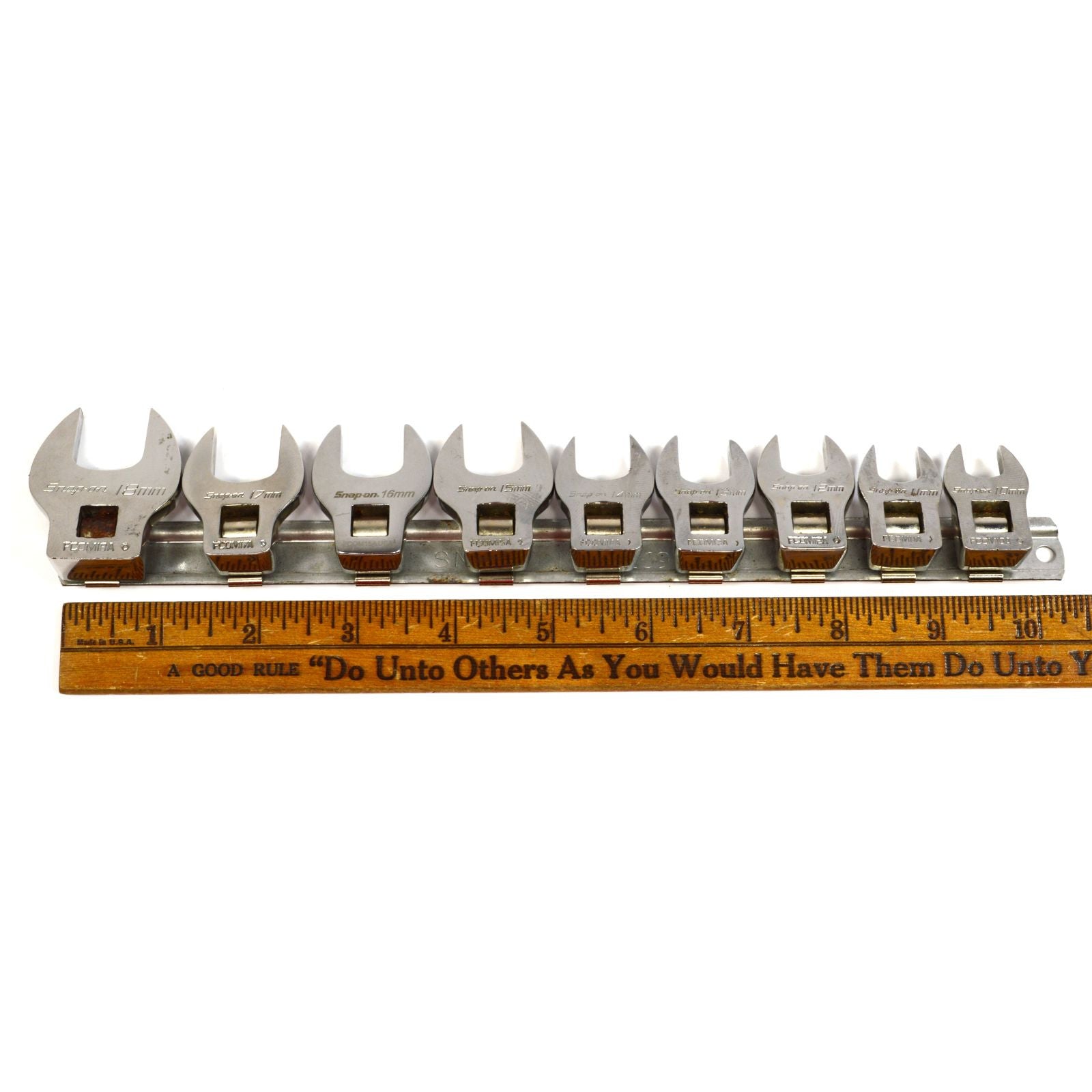 Premium Snap-On Crowfoot Socket Set - 9-Piece Metric Sockets (10mm-18mm) with Rail | FCOM Series | Used Like New | Perfect for Automotive Repairs & DIY Projects