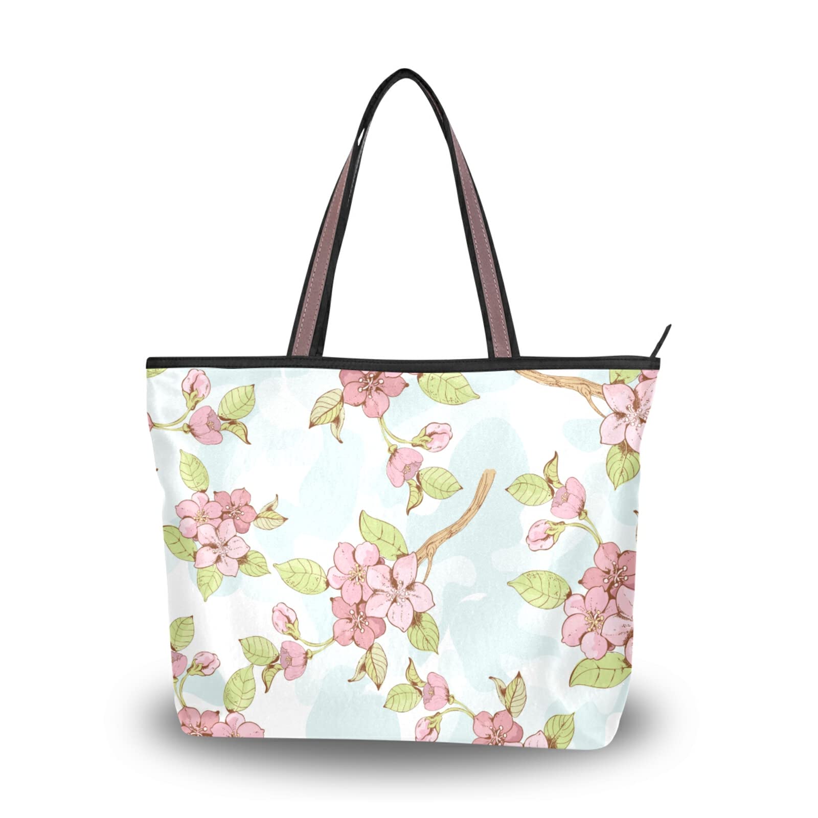 Stylish Sakura Floral Tote Bag for Women - Large Capacity Zippered Grocery Shopping Bag with Cherry Blossom Design - Perfect for Daily Use, Work, Beach & Travel (2 Size Options)