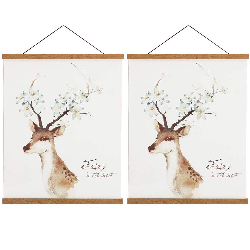 2 Pack Magnetic Poster Hanger Frame - 33x24 33x23 33x47 Light Wood Canvas Art Display Kit with Wooden Dowel for Wall Decor (Teak Wood, 33 Inch) - Perfect for Home, Office & Gallery Artwork Hanging