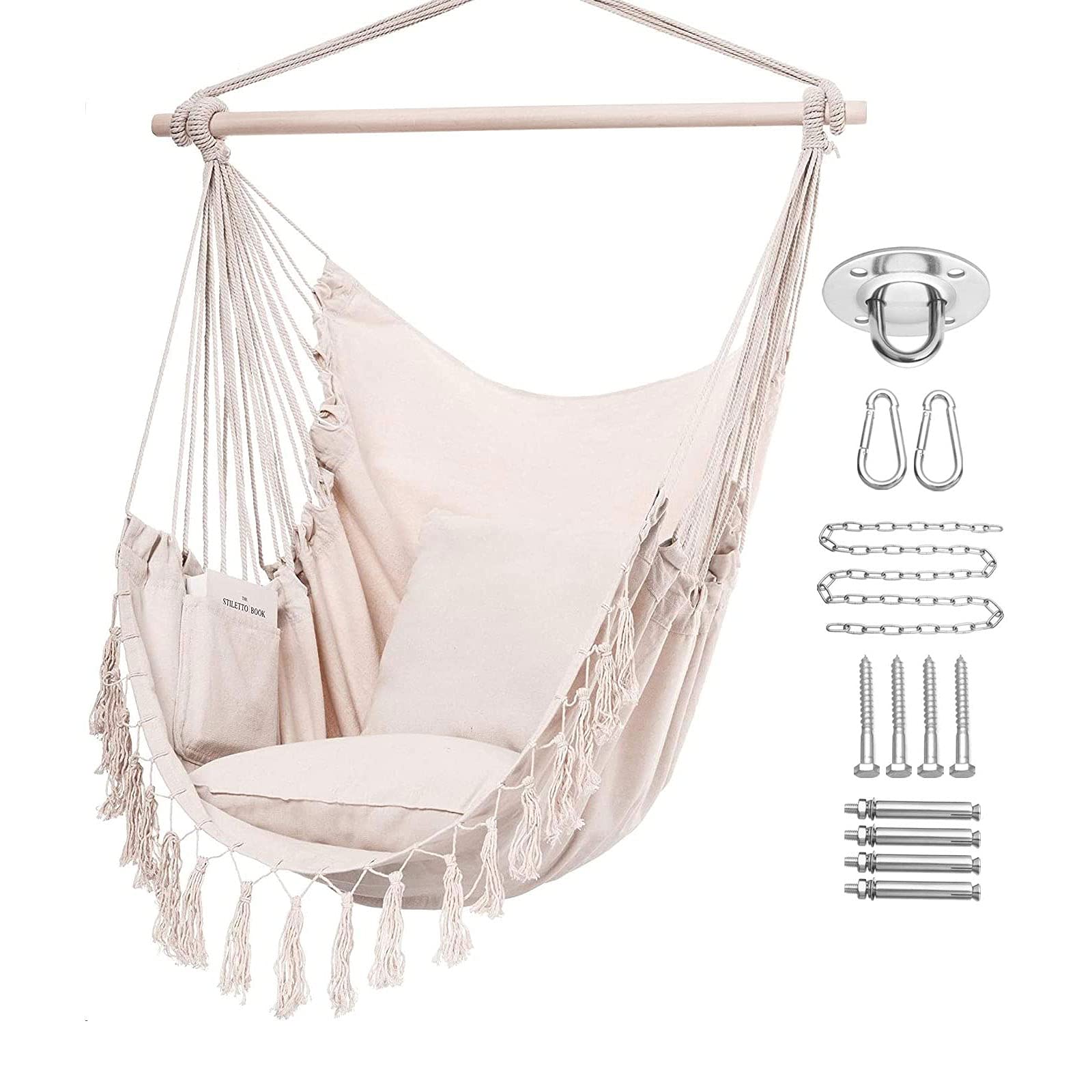 Comfortable Hammock Chair with 2 Cushions - Heavy Duty 330 Lbs Capacity Hanging Rope Swing - Includes Complete Hardware Installation Kit - Perfect for Indoor & Outdoor Relaxation in Bedroom, Patio, Garden, Deck or Backyard (White) - Ideal for Reading, Lounging and Enjoying Nature