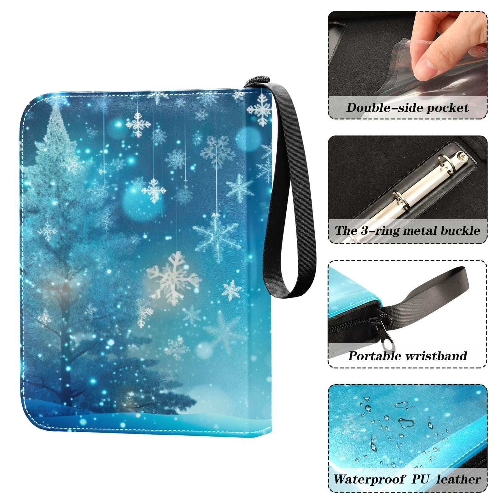 4-Pocket Christmas Winter Snowflake Trading Card Binder Book with 50 Sleeves - Holds 400 Cards, 3-Ring Design for Football, Baseball & Collectible Cards - Perfect for TCG Games, Sports Memorabilia & Holiday Gift Giving