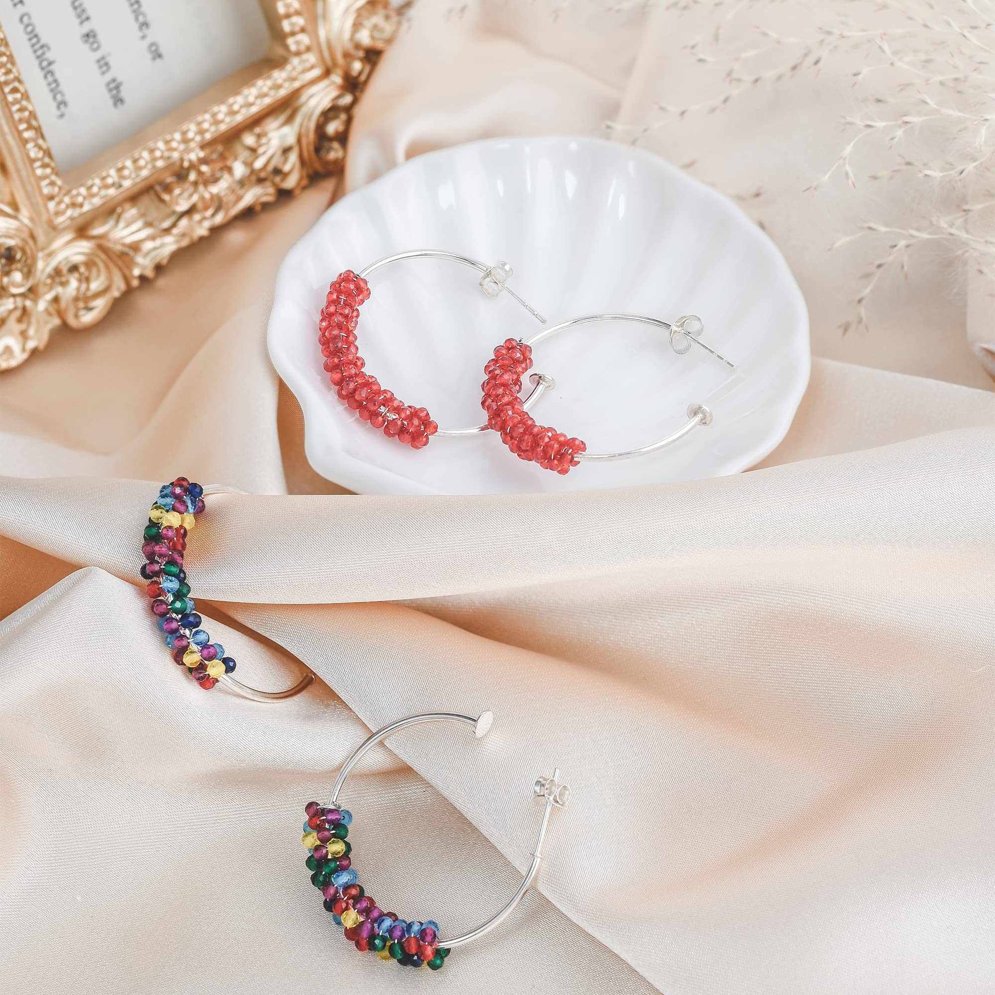 Boho Sparkle Bright Red Crystal Beads Sterling Silver Open Hoop Earrings for Women - .925 Silver Fashion Jewelry, Elegant Dangle Earrings for Party, Wedding & Everyday Wear