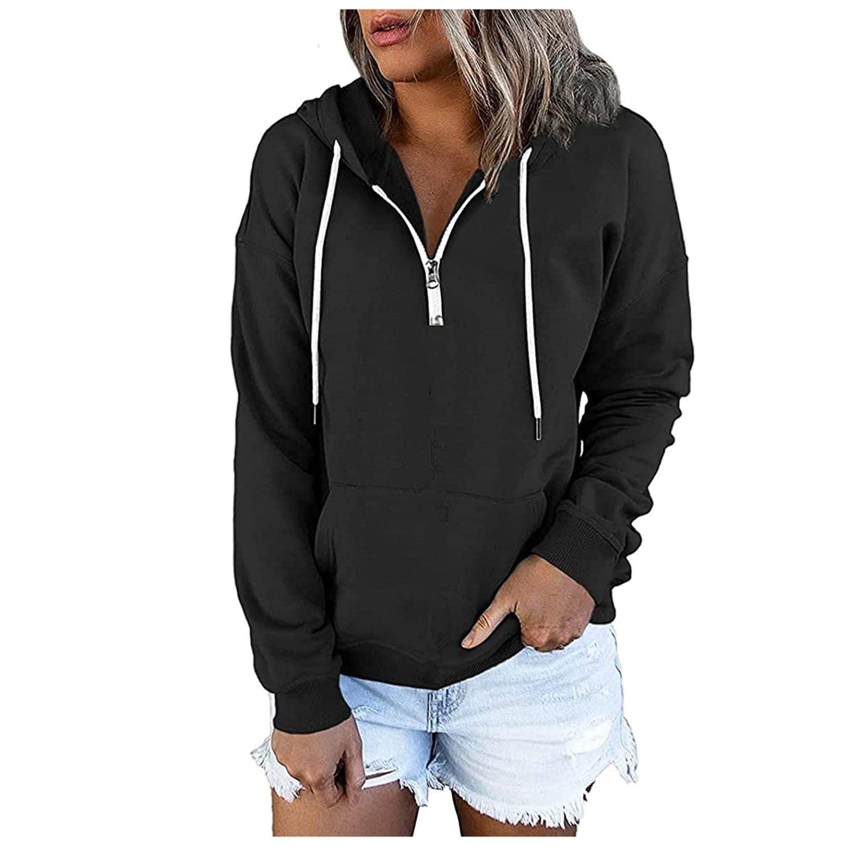 FMCHICO Women's Casual Long Sleeve Zip-Up Hoodie with Drawstring - Loose Fit Pullover Sweatshirt for Everyday Wear, Outdoor Activities & Lounge Comfort