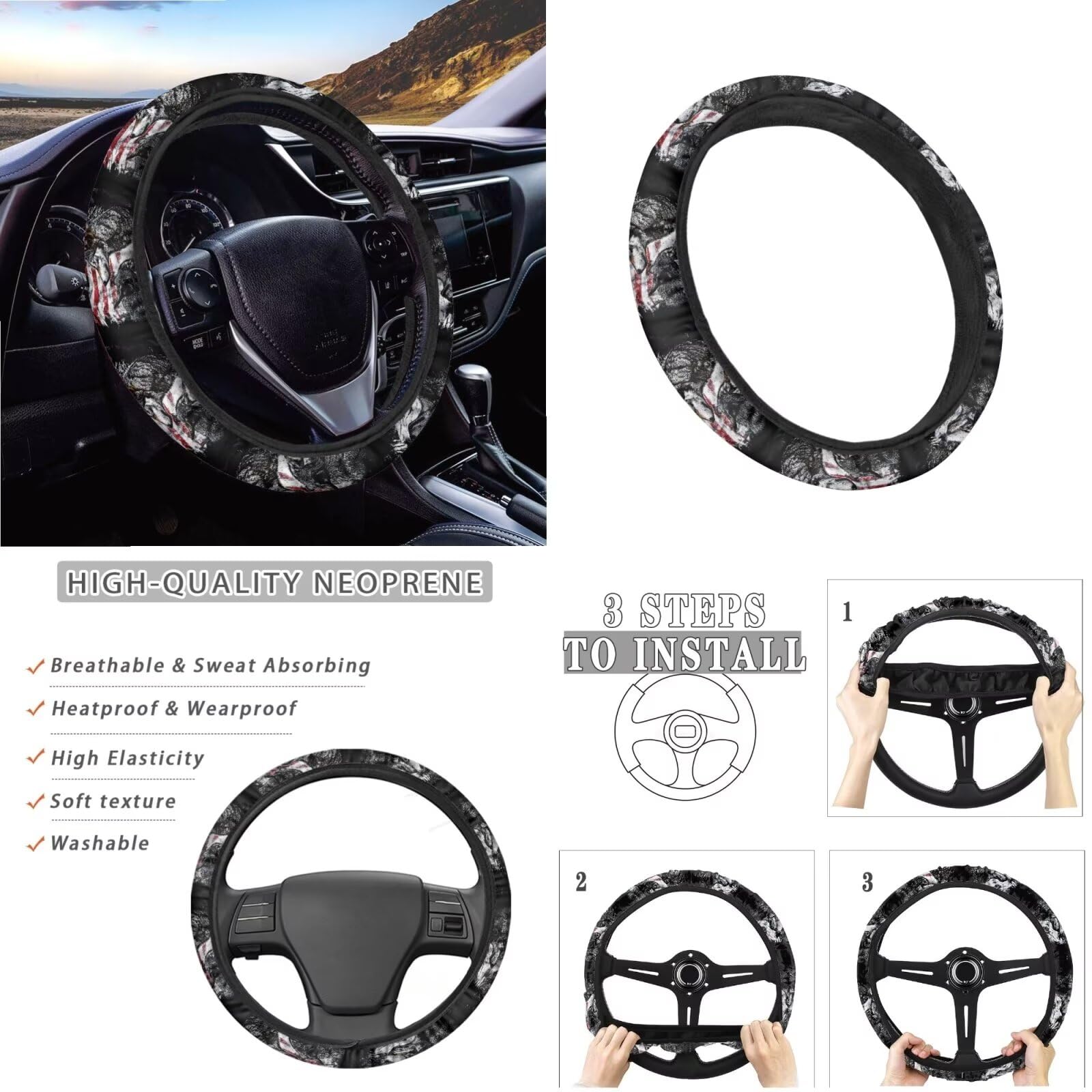 Wolf American Flag 13-Piece Car Accessories Set - Front & Back Seat Covers, Steering Wheel Cover, Seat Belt Protectors & Car Coasters | Durable & Comfortable for SUV, Truck & Sedan | Perfect for Road Trips, Daily Commute & Car Protection
