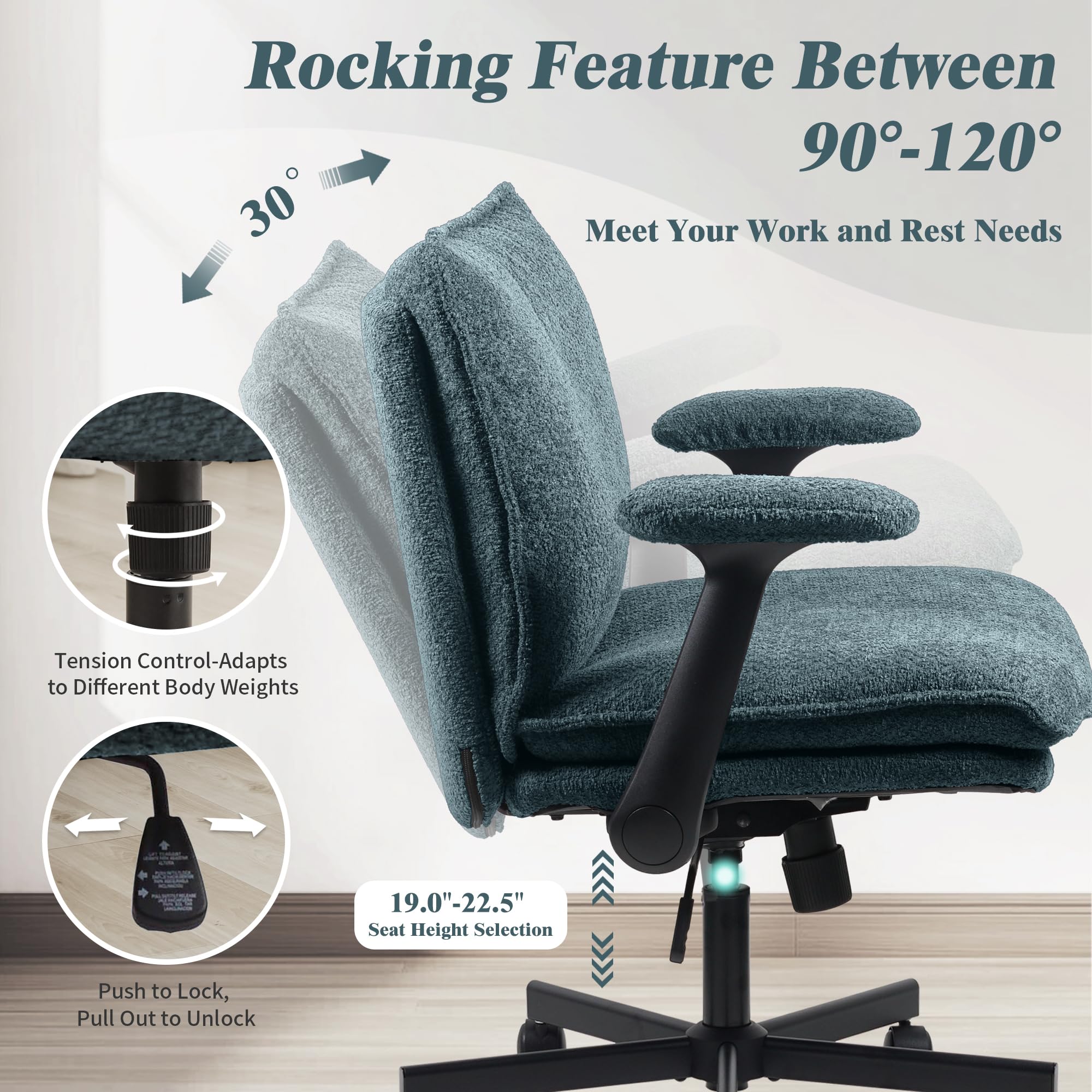 Ergonomic Cross Legged Office Chair with Wheels - Upholstered Criss Cross Desk Chair with Flip-Up Armrests - Wide Seat Home Office Chair for Working, Studying & Vanity - Dark Green Modern Design for Small Spaces & Apartments