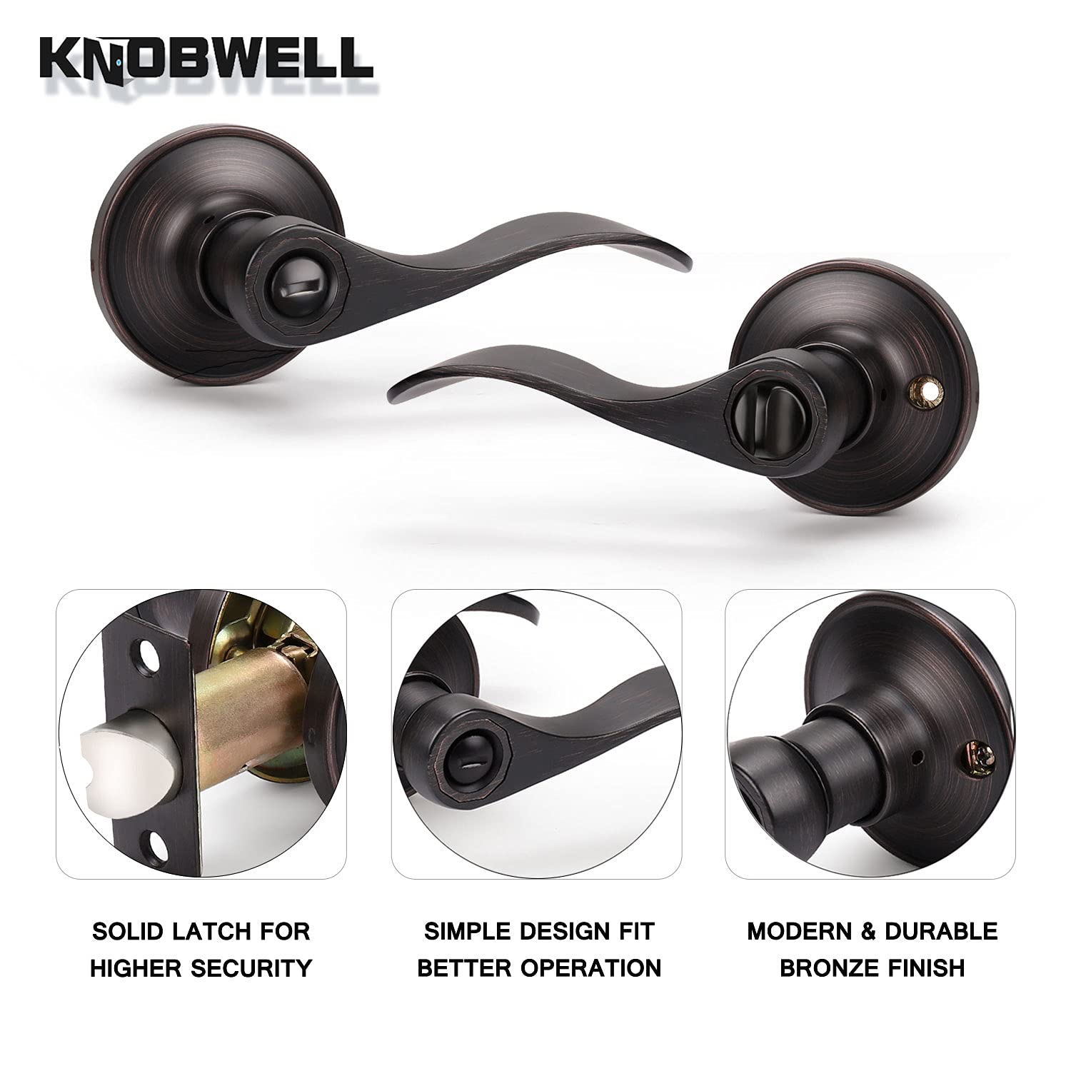 KNOBWELL 10 Pack Bronze Privacy Door Knobs - Interior Door Handles for Bathroom & Bedroom - Keyless Door Levers for Left or Right Hand - Perfect for Home, Office & Commercial Spaces