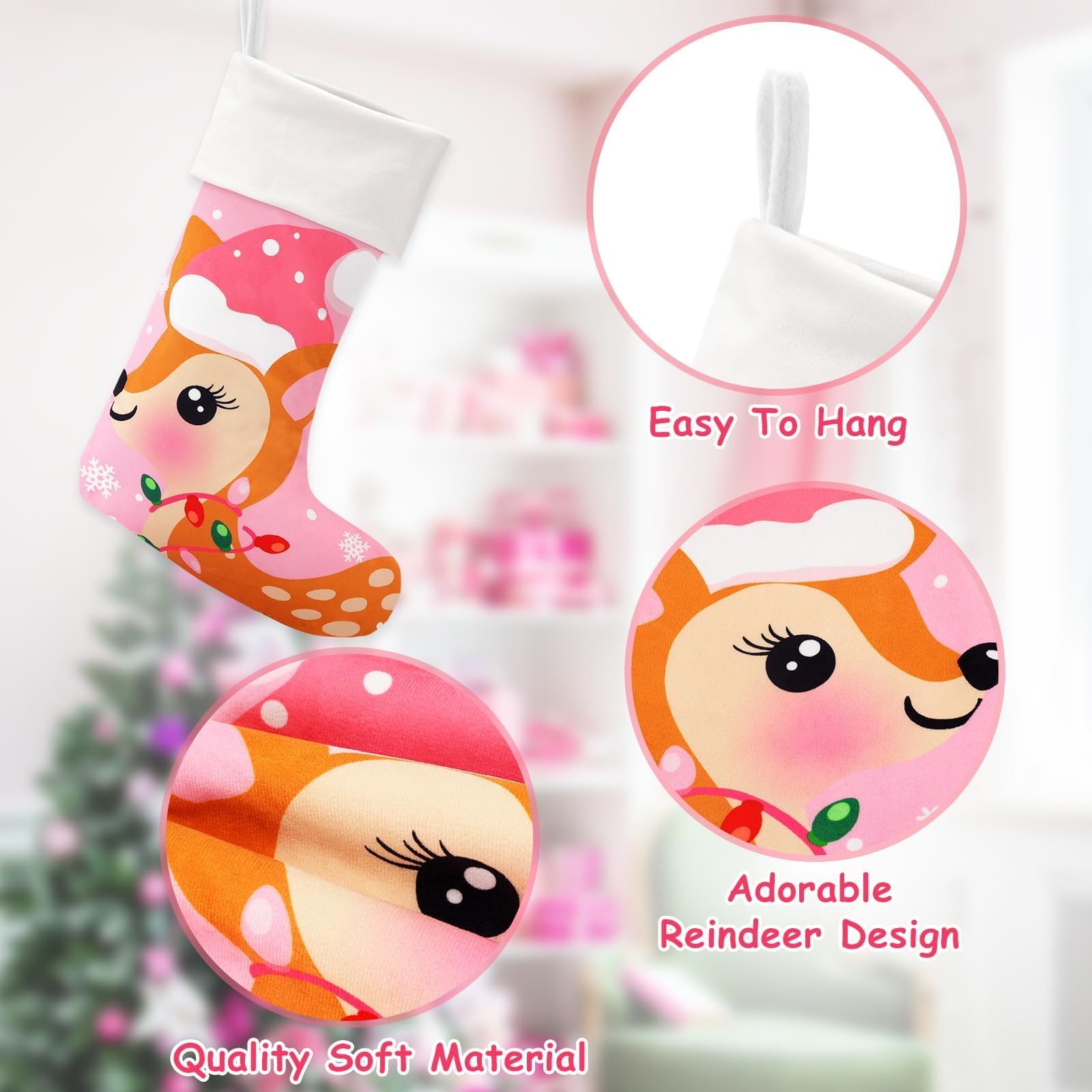 2 Pack Pink Christmas Stockings - Santa Reindeer Holiday Decor for Tree Hanging, Family Winter Decorations | Perfect for Fireplace Mantel, Gift Exchange & Festive Home Decor