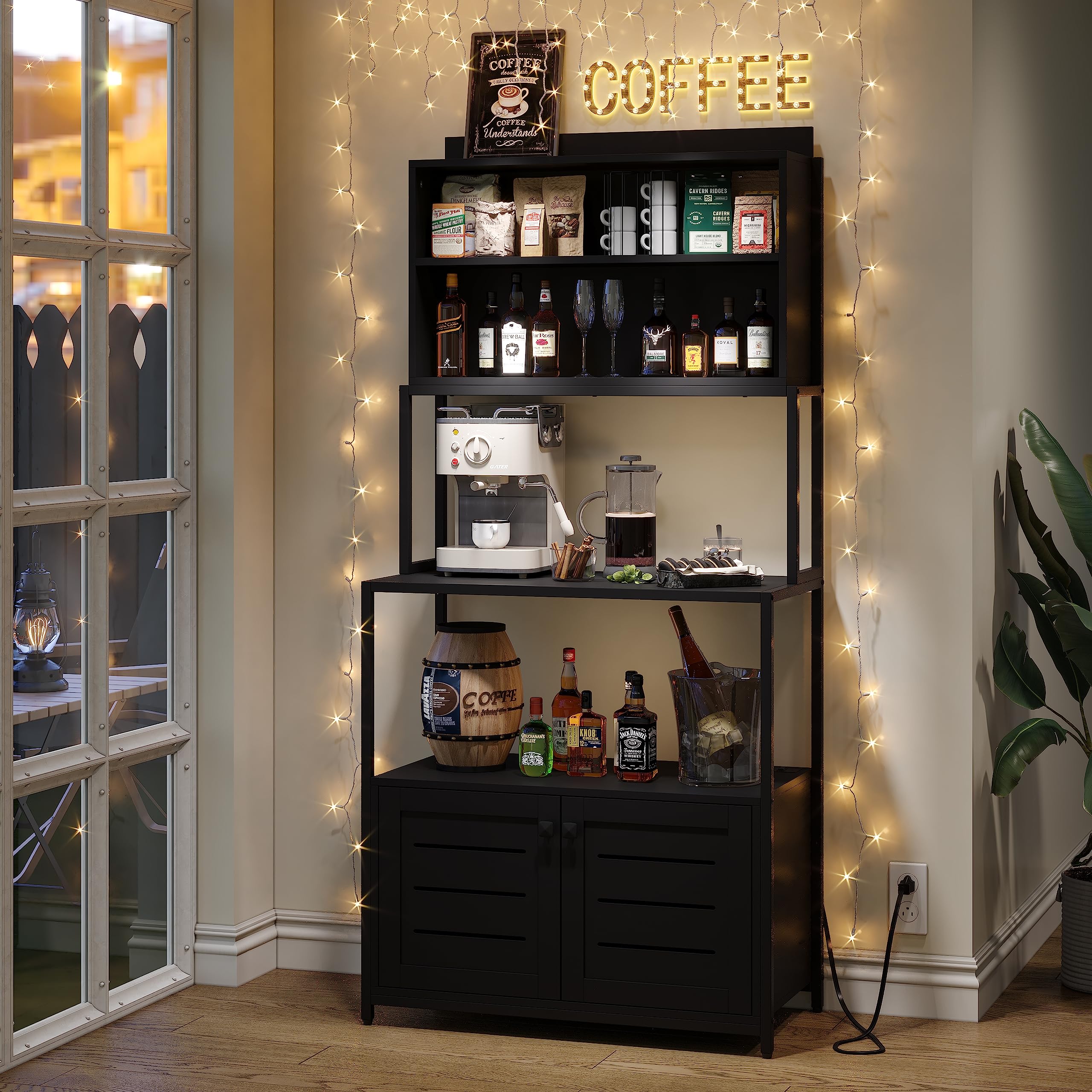 5-Tier Industrial Kitchen Bakers Rack with Power Outlet & Cabinet - Heavy Duty Microwave Stand with Shelves, Black - Perfect for Small Kitchen Storage, Pantry Organization & Baking Supplies Storage
