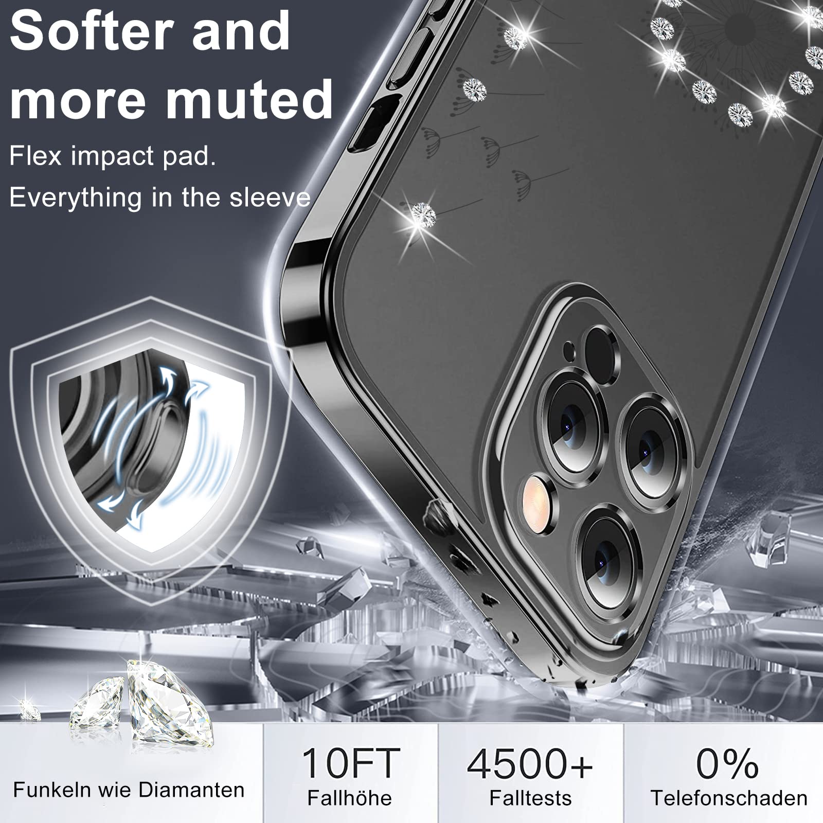 Crystal Clear Shockproof iPhone 14 Pro Max Case - Slim Silicone Bumper Cover with Diamond Flowers Design | Protective Transparent Phone Case for Women | Perfect for Everyday Use, Work & Travel