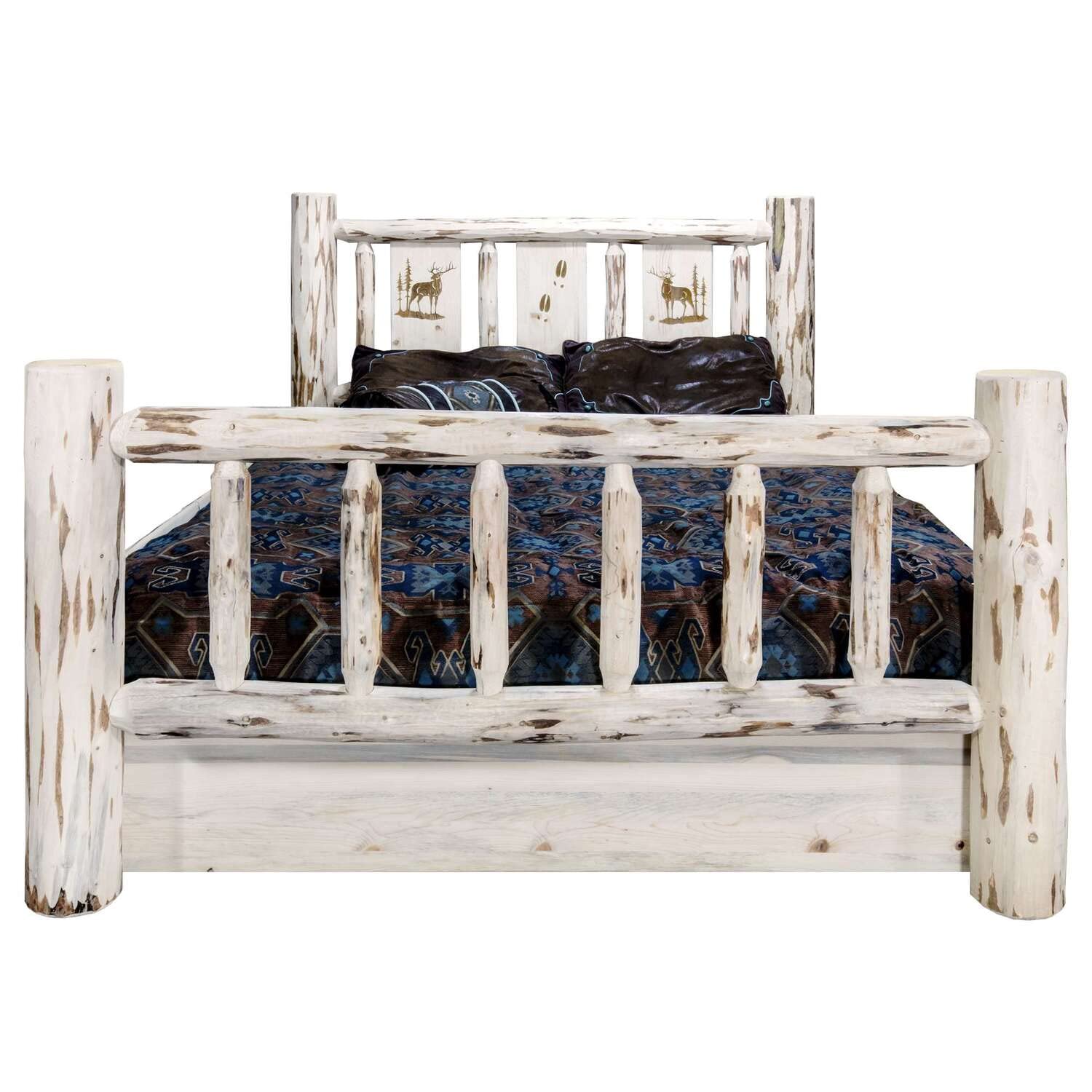Montana Collection King Size Storage Bed with Laser Engraved Elk Design - Unfinished Solid Wood Platform Bed with Underbed Drawers for Bedroom Organization | Perfect for Rustic Cabins, Hunting Lodges & Western Style Homes