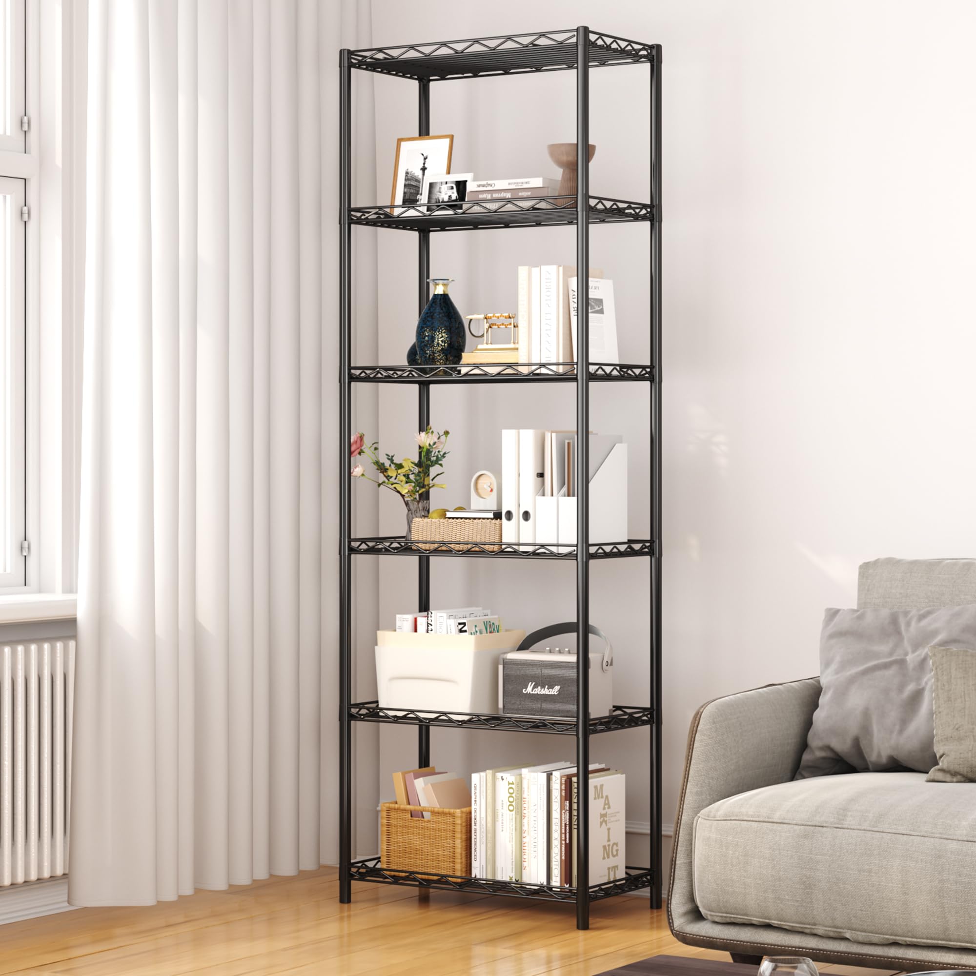 HOMEFORT 6-Tier Heavy Duty Wire Shelving Unit - 6 Shelf Metal Storage Rack for Pantry, Closet, Kitchen & Laundry Organization - Durable Space Saving Organizer (Black) - Ideal for Home Storage, Garage Shelving & Commercial Use