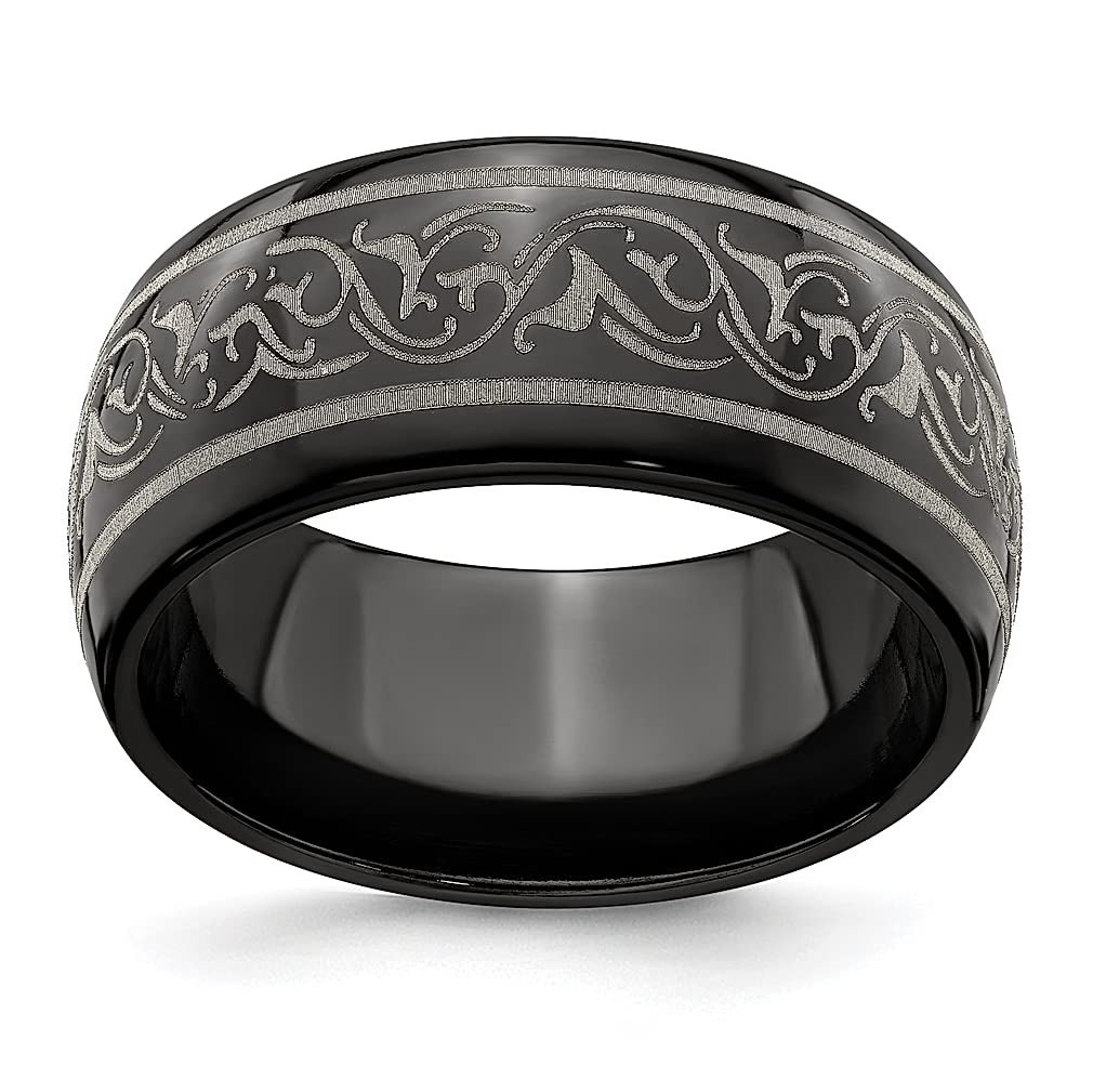 Edward Mirell Titanium Black Domed Laser Patterned 10mm Wedding Band Ring for Men - Classic Fashion Jewelry, Perfect Gift for Dad, Husband & Boyfriend - Ideal for Weddings, Anniversaries & Special Occasions