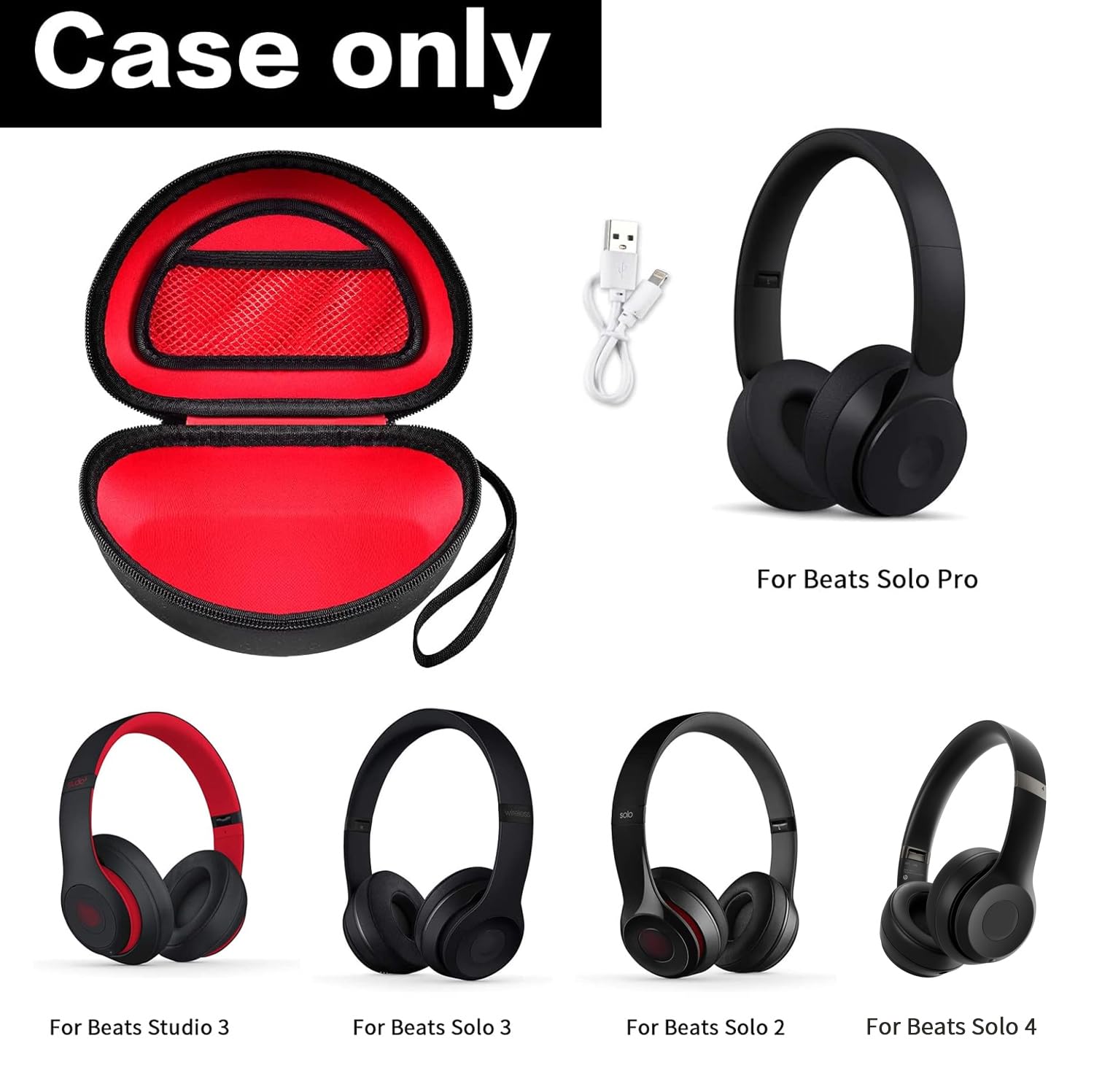 Beats Headphones Hard Travel Case - Compatible with Solo 4, Studio Pro, Solo3, Studio3, Solo2 & Solo Pro - Protective Storage Box with Mesh Pocket for Bluetooth Headphones (Black+Red Interior) - Perfect for Travel, Gym & Daily Storage