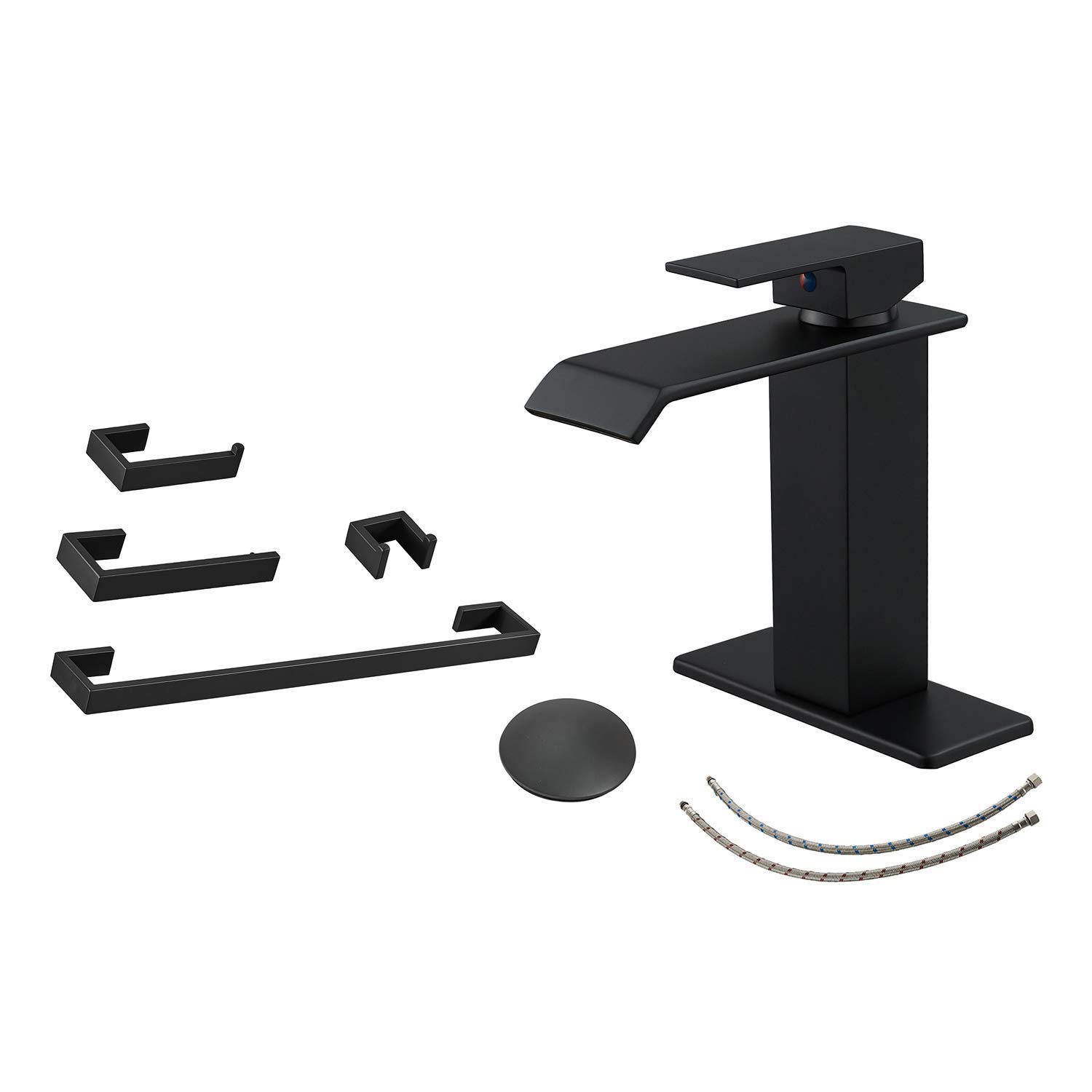 BWE Matte Black Bathroom Sink Faucet with Drain Assembly - 4 Piece Bathroom Accessories Set Including Towel Bar - Modern Bathroom Upgrade for Home & Hotel Renovation