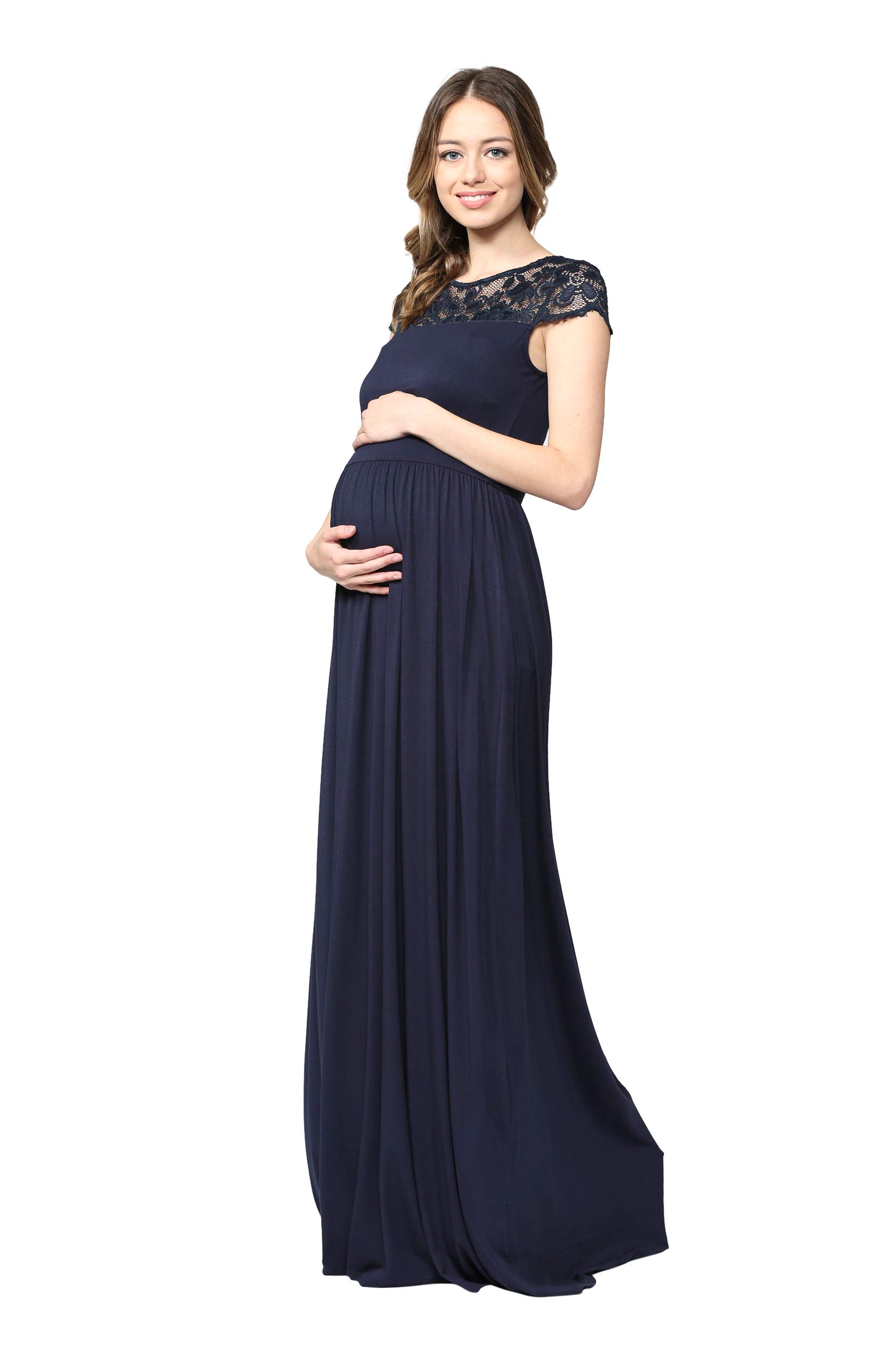 HELLO MIZ Women's Flowy Maxi Maternity Dress with Elegant Lace Yoke - Perfect for Pregnancy, Nursing & Special Occasions