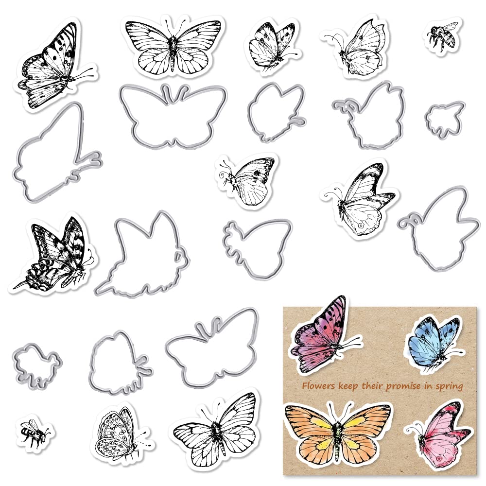 Butterfly & Bee Stamps and Dies Set for Card Making, DIY Scrapbooking, Bullet Journal Decoration - Spring Insect Theme Clear Stamps and Cutting Dies for Handmade Crafts, Notebook Embellishments | Perfect for Greeting Cards, Wedding Invitations, and Paper Craft Projects