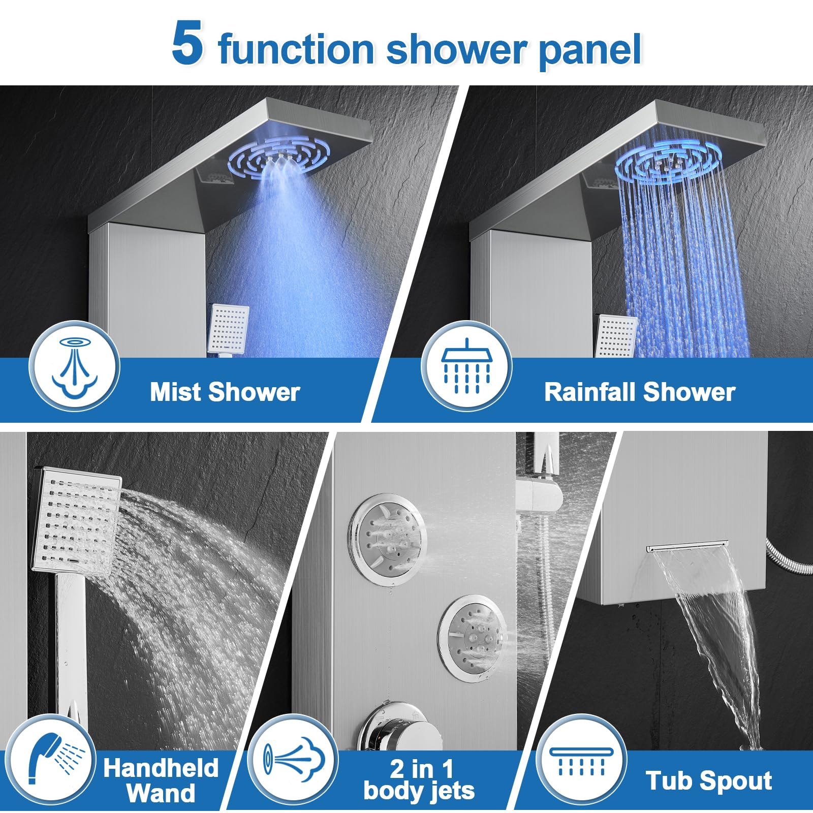 Stainless Steel Shower Panel System with LED Lights - Rainfall, Mist, Body Jets, Handheld & Tub Spout | No Battery Needed, Temperature Display | Perfect for Luxury Bathroom & Spa Experience | 304 Brushed Finish