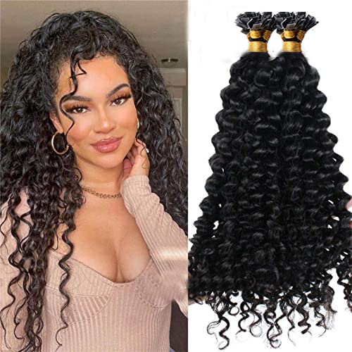 Long Kinky Curly Flat Tip Human Hair Extensions - 100 Strands Keratin Pre-Bonded Fusion Hair in Natural Jet Black (26 Inch) for Stunning Hairstyles & Volume Boost - Perfect for Weddings, Parties & Daily Wear