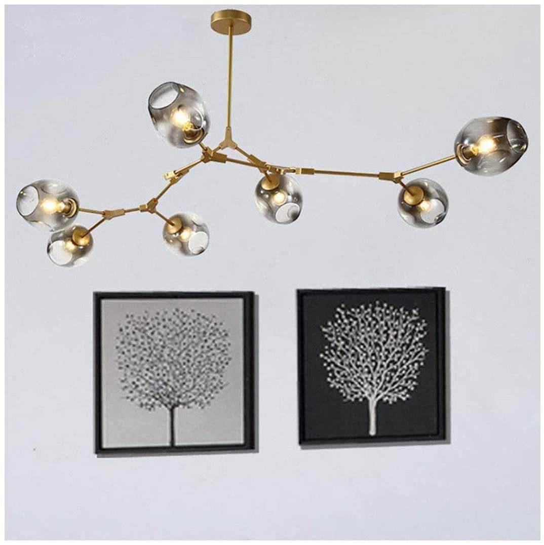 Modern 7-Light Gold Pendant Chandelier with Adjustable Grey Glass Shades - Flush Mount Ceiling Light Fixture for Hotel, Restaurant, Bar, Cafe & Home Lighting (Dining Room, Living Room, Bedroom, Corridor)