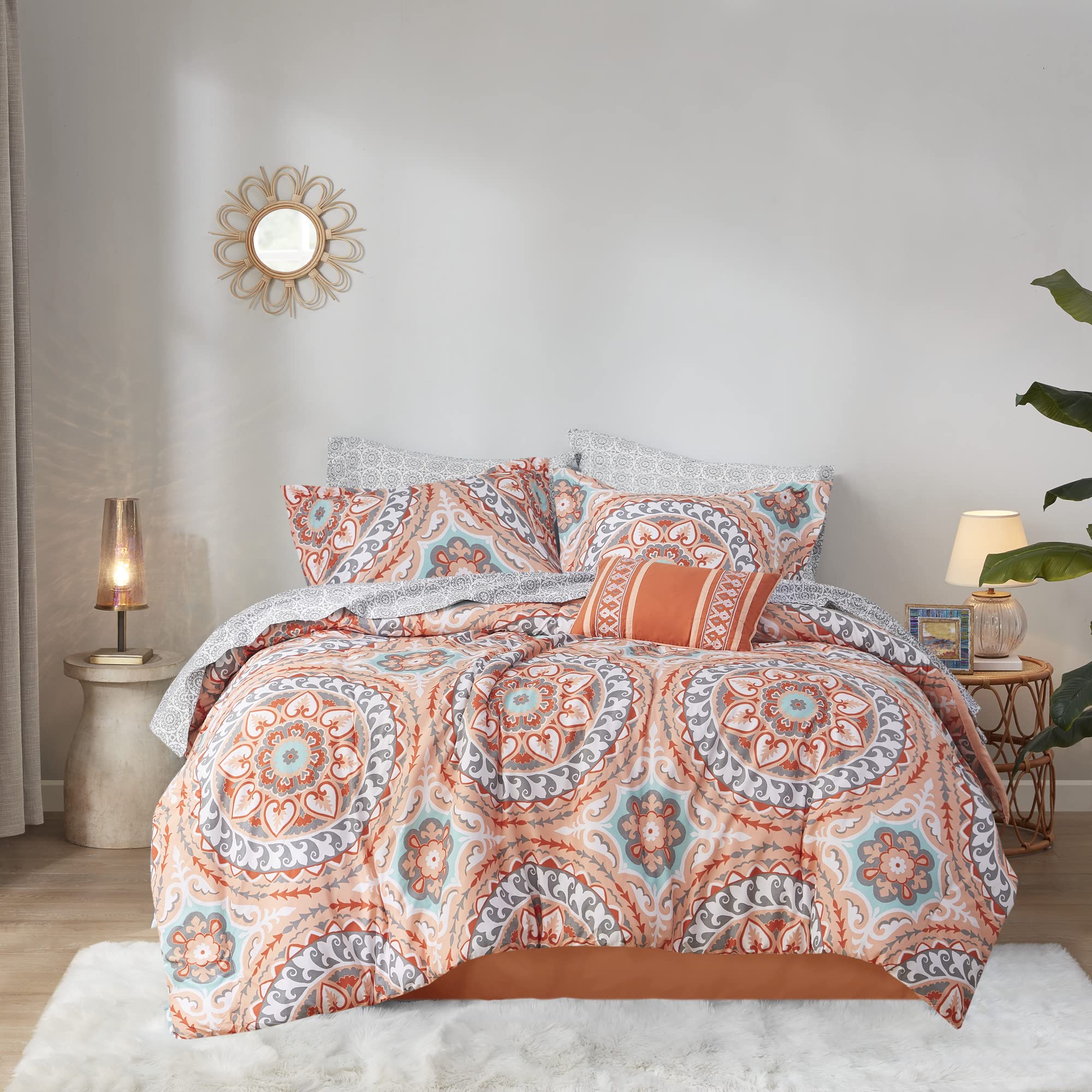 Madison Park Essentials Serenity 9-Piece Queen Bed in a Bag Comforter Set - Medallion Damask Design, All Season Cotton Bedding with Sheet Set & Bedskirt (90