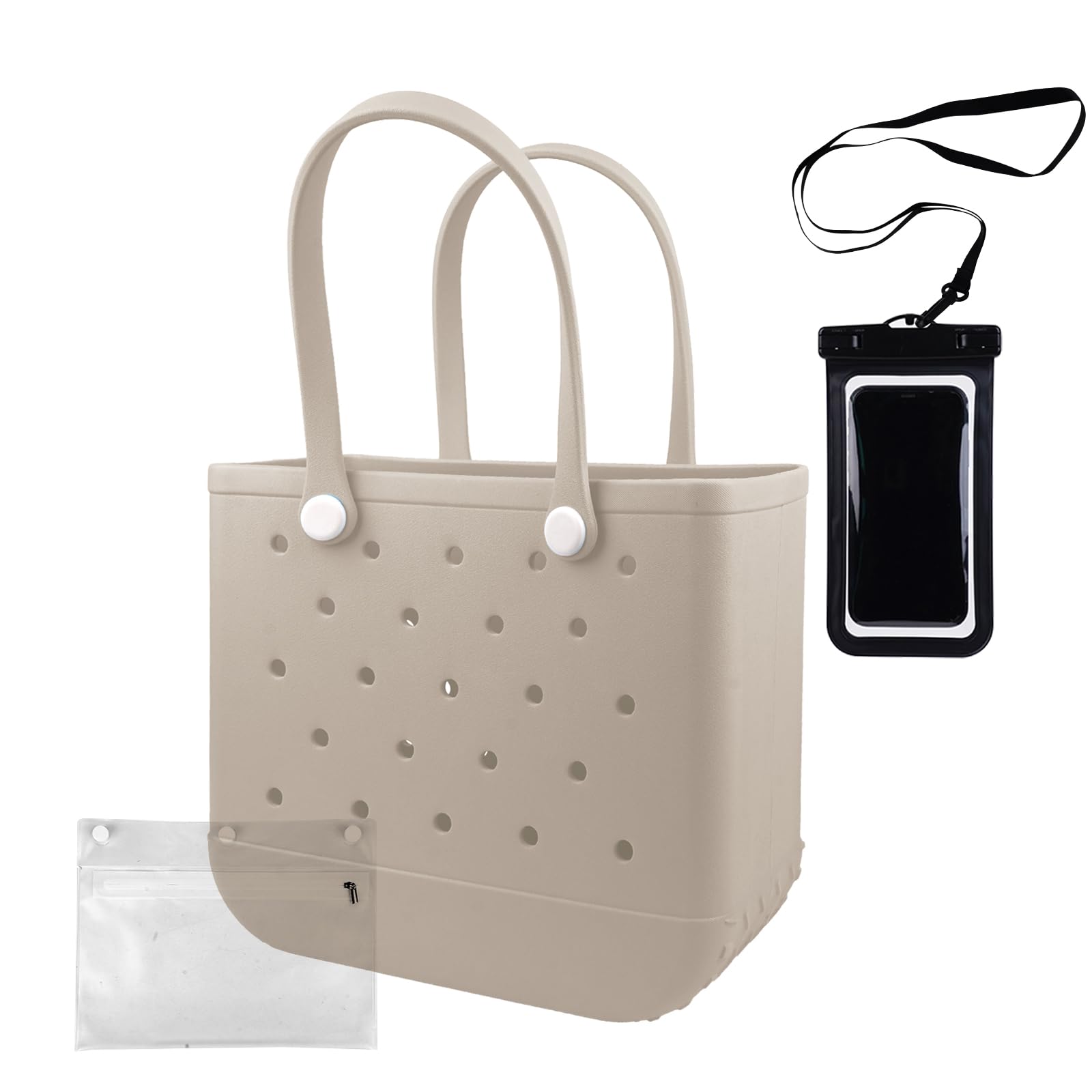 Waterproof Rubber Beach Tote Bag with Zipper Pocket & Phone Pouch - Durable Washable Open Purse for Women - Perfect for Pool, Boat, Beach Vacation & Summer Travel Accessories