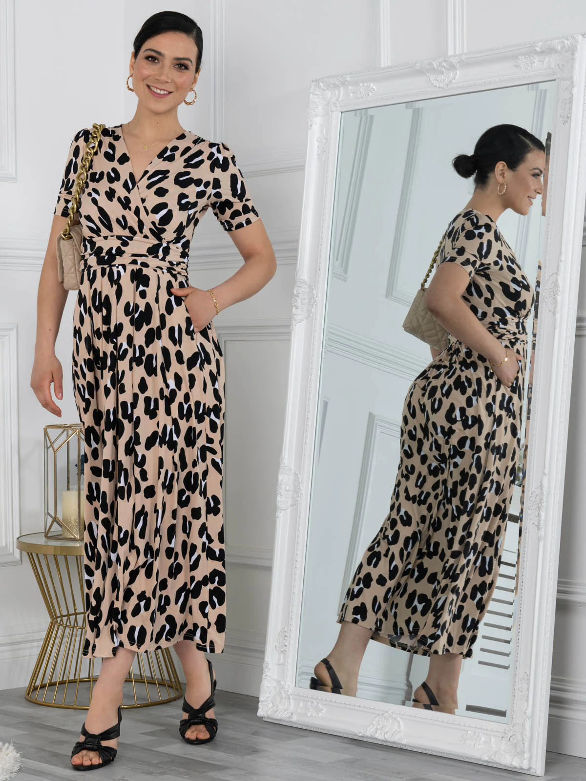 Kiera Wrap Front Maxi Dress in Camel Animal Print - Flowy Boho Summer Dress for Beach Vacation, Date Night & Casual Outings