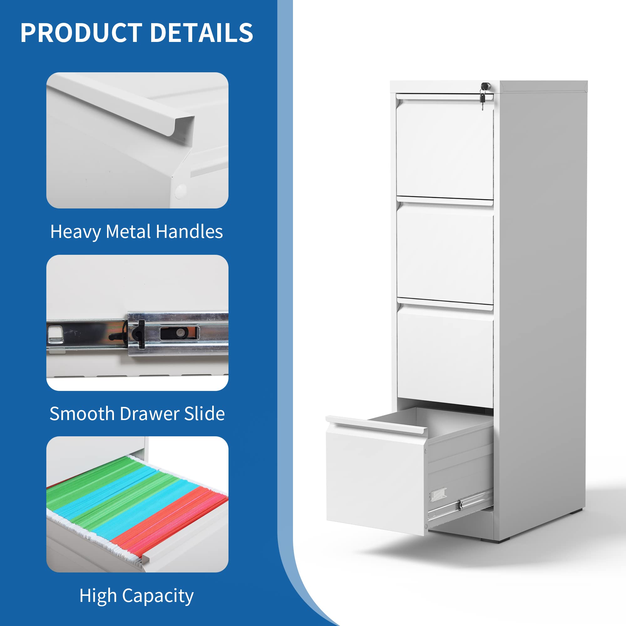 4-Drawer Vertical File Cabinet with Lock - White Hanging File Organizer for A4, Legal & Letter Size Documents - Perfect for Home Office & Workspace Organization