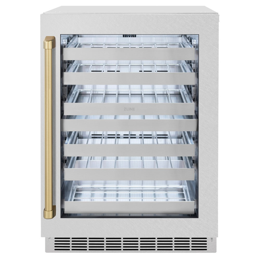 ZLINE Autograph Edition 24 Inch Dual Zone 44 Bottle Wine Cooler Refrigerator - Satin Stainless Steel Glass Door with Champagne Bronze Handle - Perfect for Home Bars, Wine Cellars, and Entertaining Spaces (RWDOZ SN 24 CB)