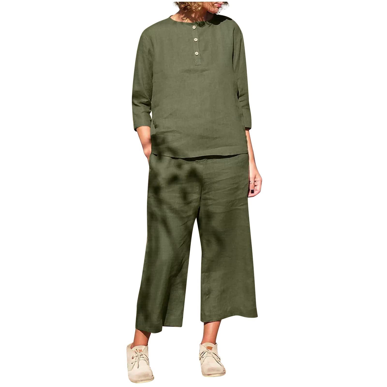 Stylish 2-Piece Women's Suits Set - Round Neck Solid Long Sleeve Blouse with Loose Pants | Matching Gym Outfits & Casual Wear | Perfect for Work, Travel, and Everyday Fashion