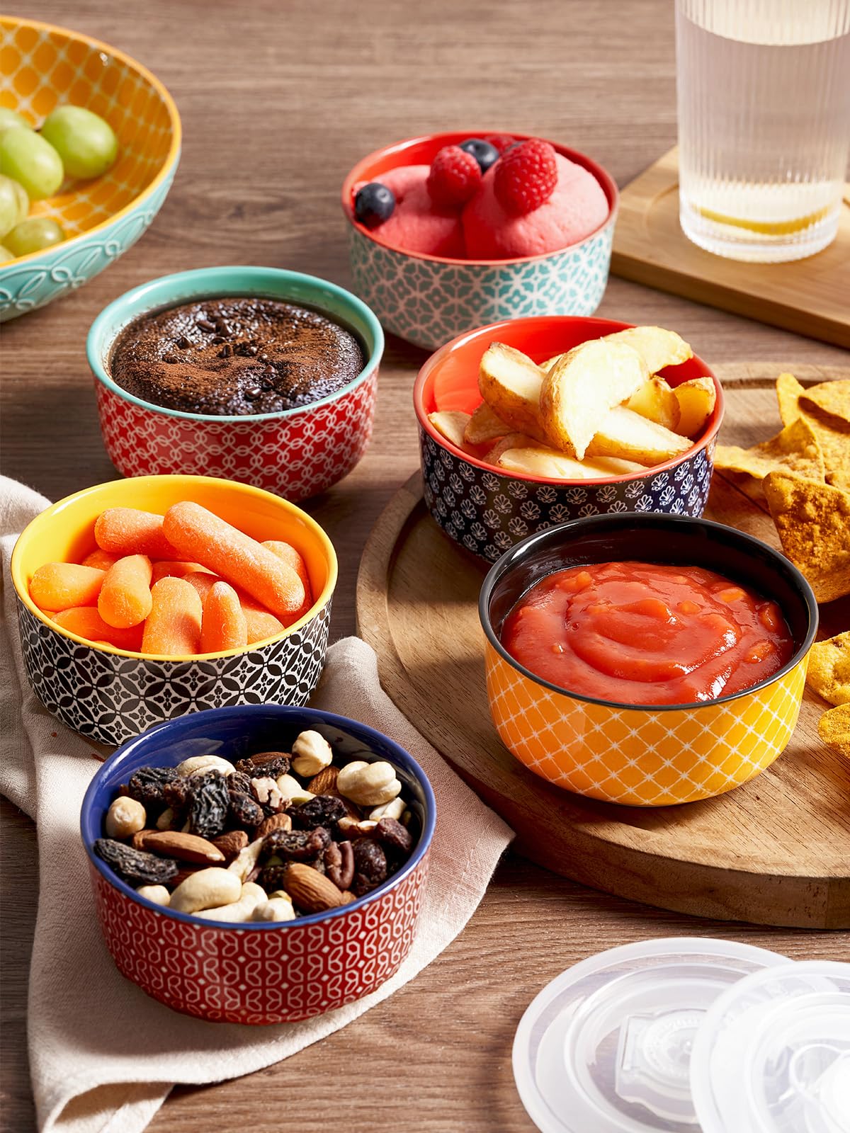 DOWAN 6 oz Ceramic Ramekins with Lids - Oven Safe Baking Dishes for Creme Brulee, Souffle, Custard, Pudding, Ice Cream - Set of 6 Vibrant Color Mini Bowls - Perfect for Desserts, Dips & Party Serving