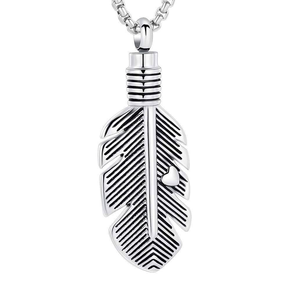 Oinsi Stainless Steel Feather Urn Necklace - Cremation Ashes Memorial Jewelry Keepsake for Loved Ones with Gift Box & Fill Kit (Heart Feather, Silver Tone) - Perfect for Remembrance, Funeral Services & Everyday Wear
