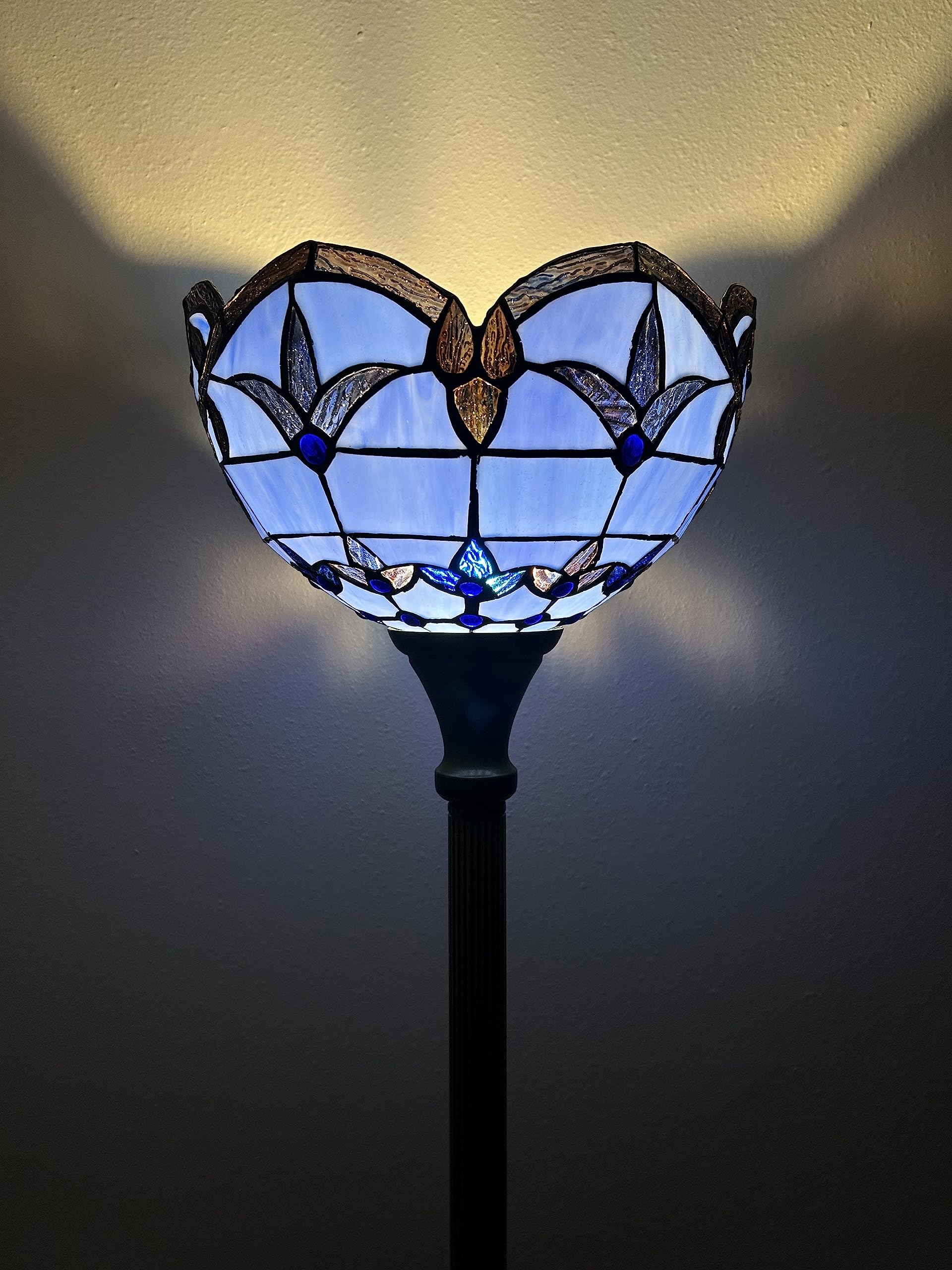 Tiffany Torch Floor Lamp with Blue Stained Glass - Baroque Style LED Floor Light with Included Lavender Bulb for Living Room, Bedroom, Office Decor - 66