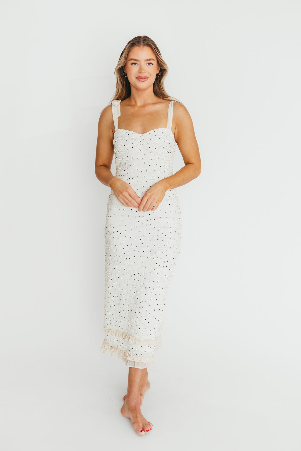 Maddie Tie Strap Ruffled Midi Dress for Women - Elegant Ivory Floral Summer Dress with Adjustable Straps | Perfect for Weddings, Parties & Date Nights