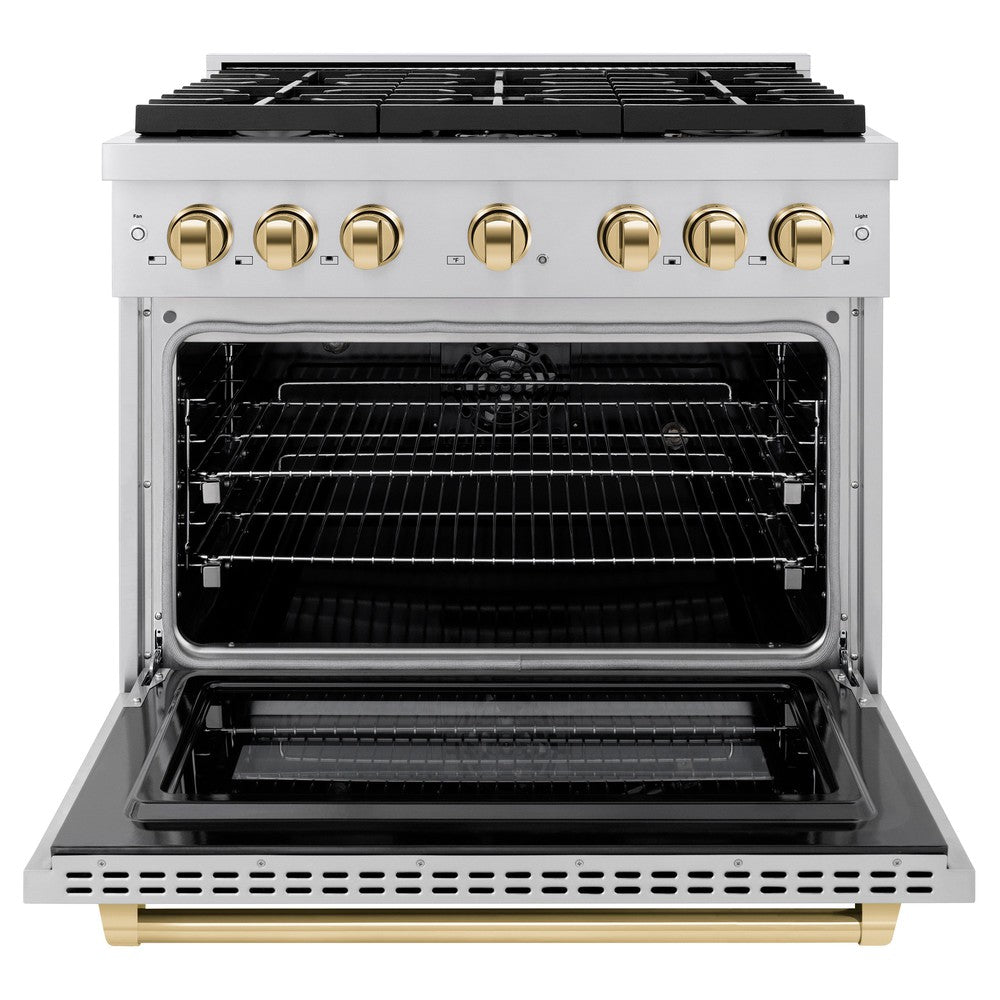 ZLINE Autograph Edition 36-inch 5.2 cu. ft. Dual Fuel Range with 6-Burner Gas Cooktop & Electric Convection Oven - Stainless Steel with Polished Gold Accents (SDRZ 36 G) - Perfect for Professional Home Chefs & Modern Kitchens