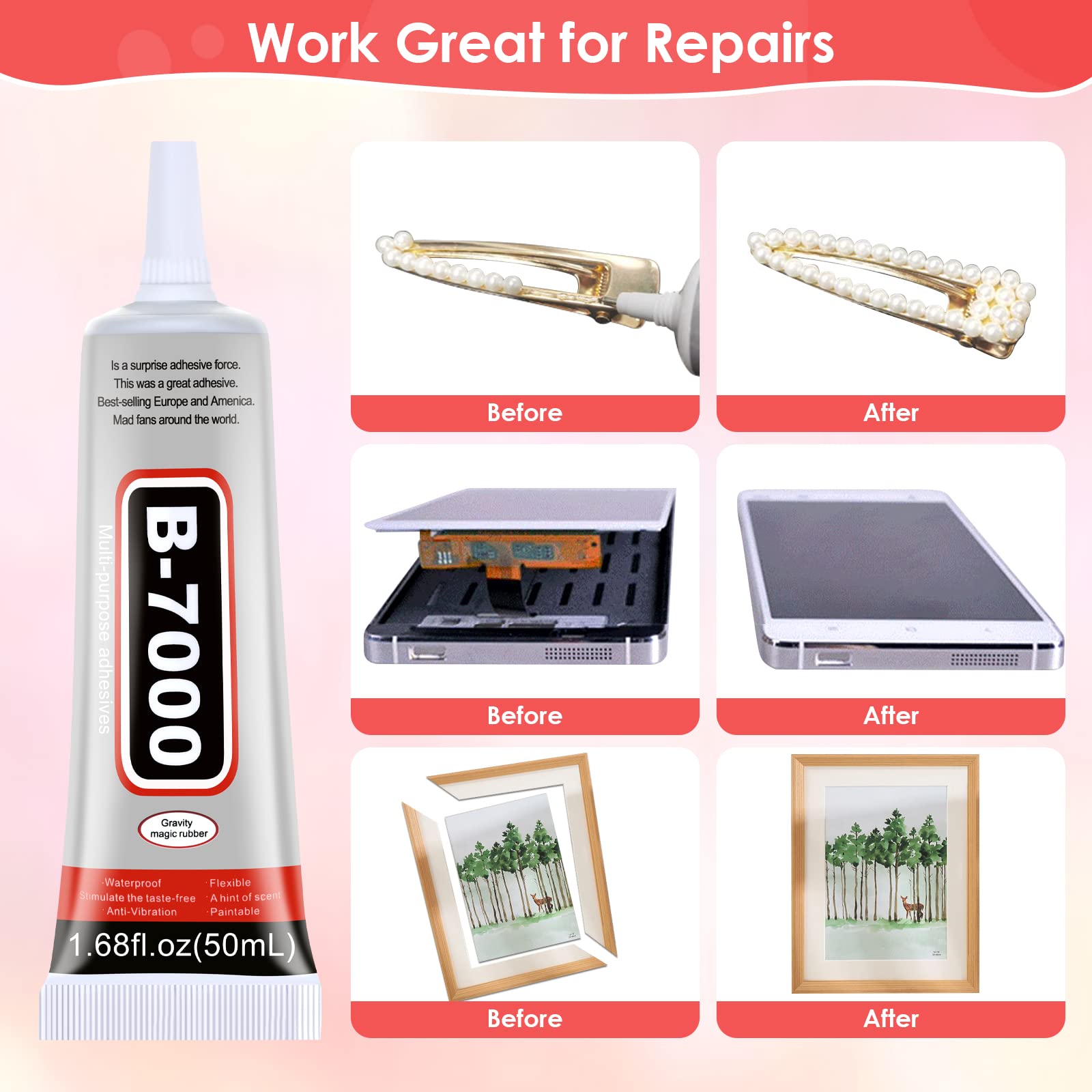4 PCS 50ML B7000 Super Strong Clear Glue - Multipurpose Flexible Adhesive for DIY Jewelry, Rhinestones, Beads, Fabric, Shoes & Phone Screen Repair - Perfect for Crafts, Nail Art & Home Fixing Projects