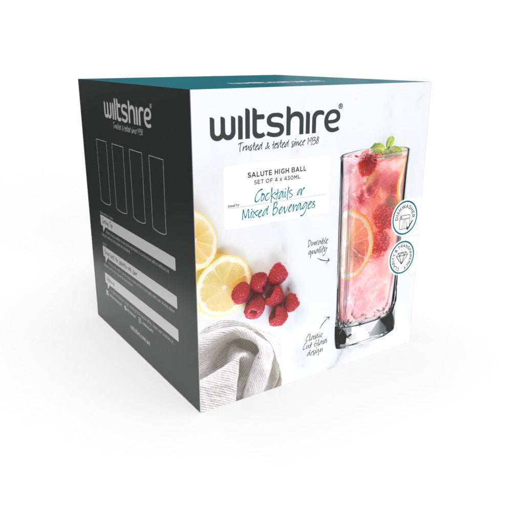Premium 430ml Highball Glass Set of 4 - Elegant Drinking Glasses for Cocktails, Whiskey & Iced Beverages - Perfect for Home Bars, Parties & Gifts