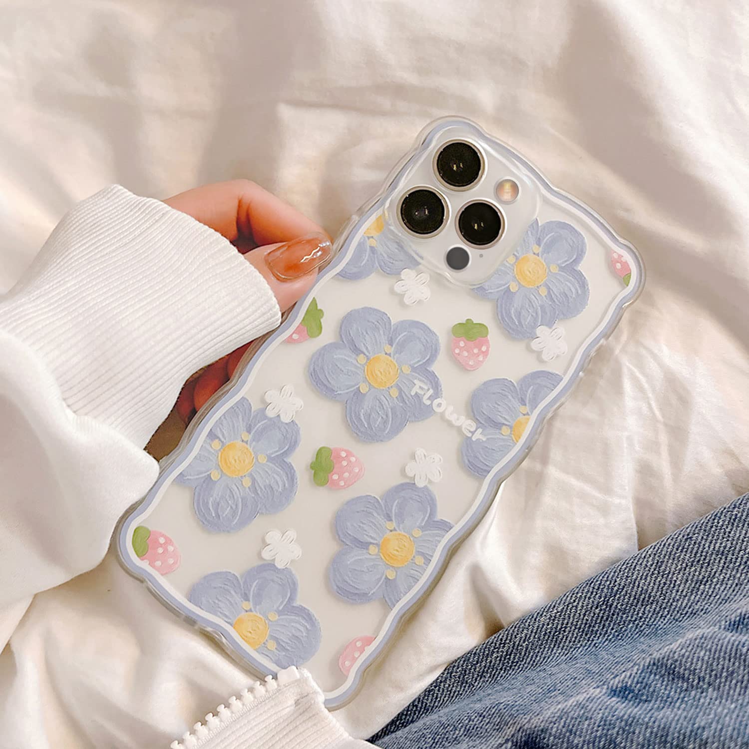 Ownest Clear Floral TPU Case for iPhone 12 Pro Max - Cute Strawberry Lace Design, Slim Shockproof Protective Cover for Women & Girls (Blue) | Perfect for Everyday Use, Work, School & Travel