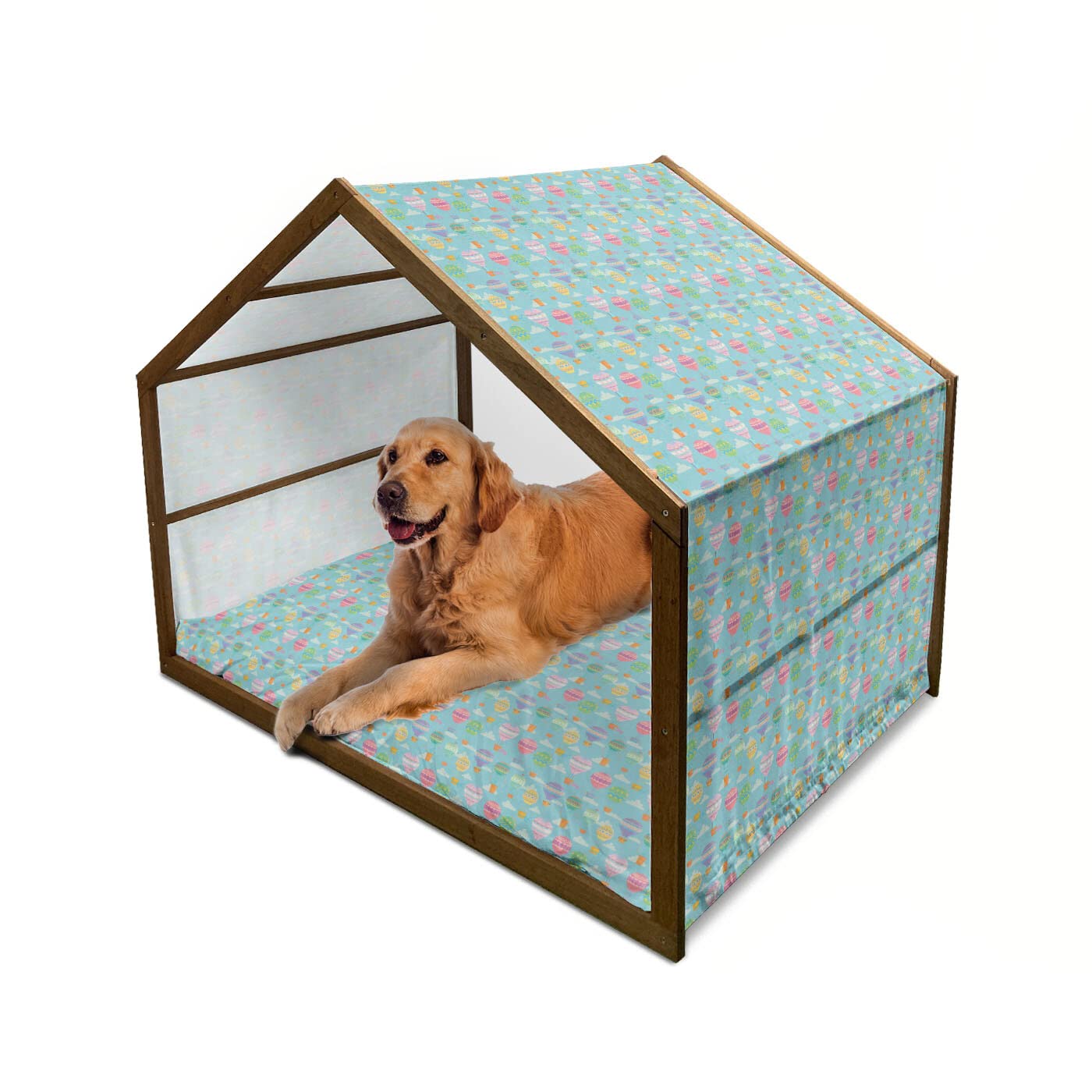 Ambesonne Adventure Cartoon Wooden Dog House - Colorful Hot Air Balloon Design for Indoor & Outdoor Use with Pillow & Cover (X-Large, Multicolor) - Perfect for Backyards, Patios & Pet-Friendly Homes