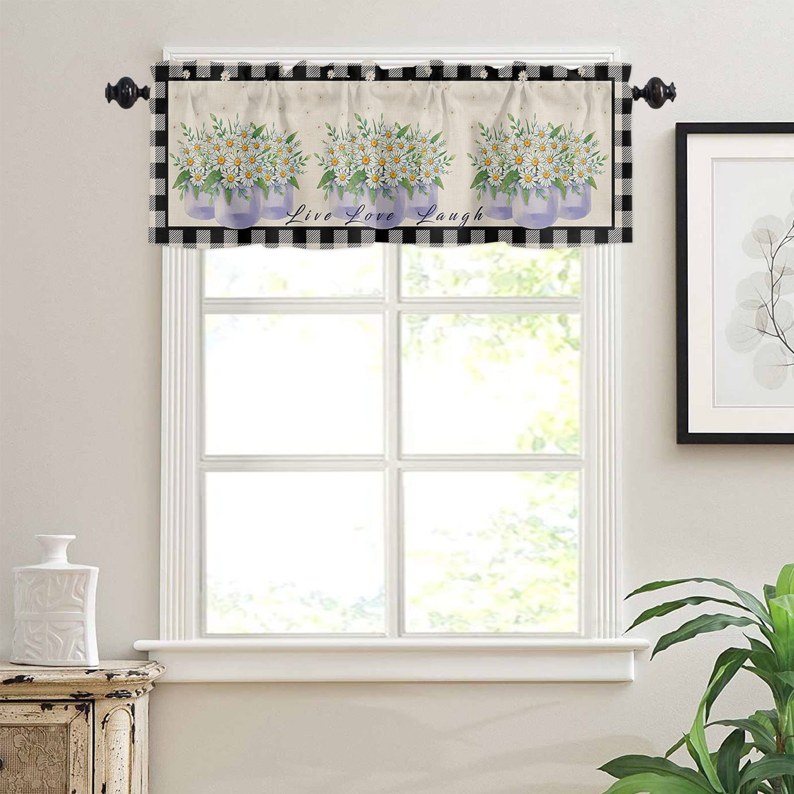 French Country Floral Valance Curtain - Purple Daisy Farmhouse Black White Check Window Treatment, Rod Pocket Cafe Curtains for Kitchen & Living Room Decor | Perfect for Farmhouse, Cottage & Vintage Style Homes