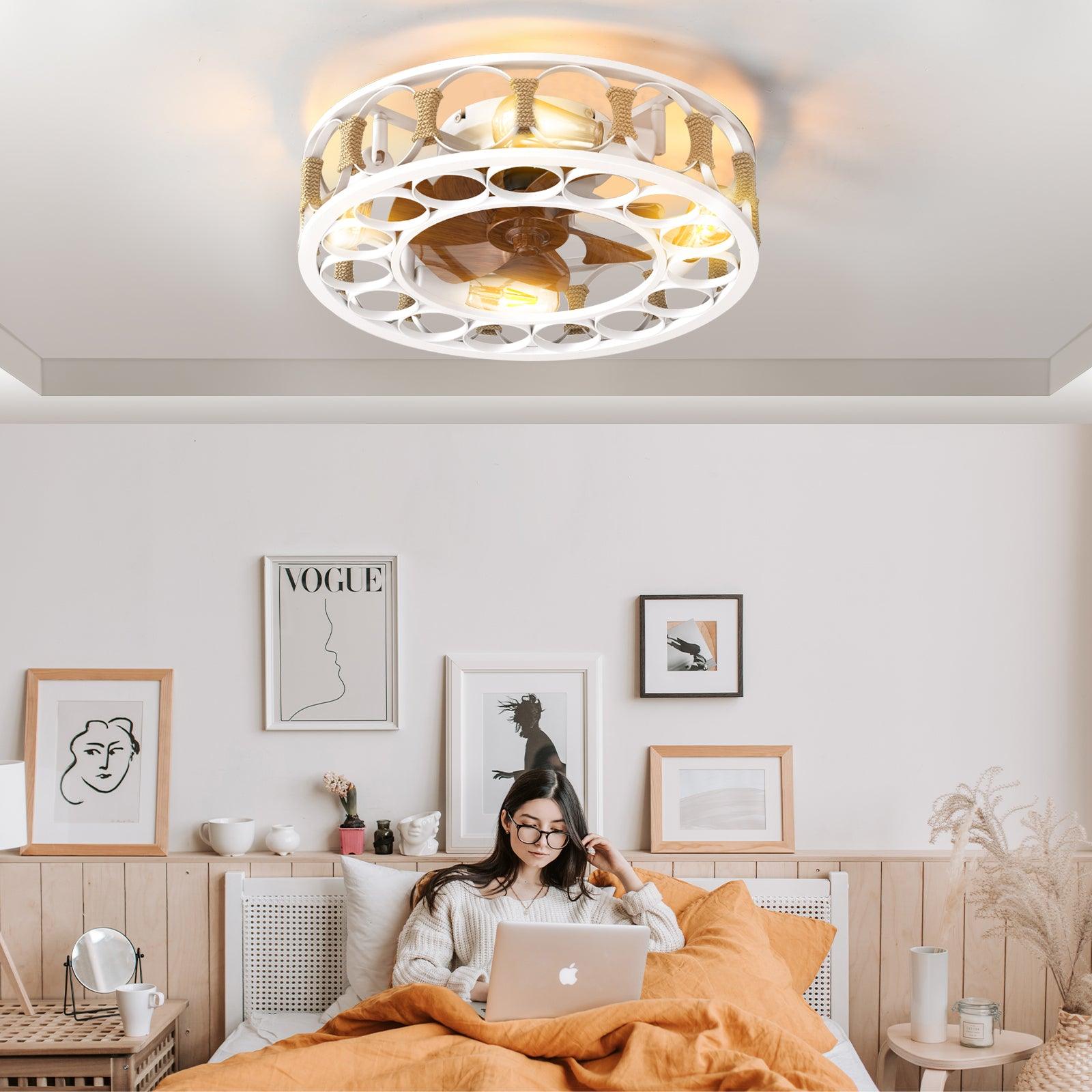 Modern Semi-Flush Mount Ceiling Fan with Lights & Remote Control - 6 Speed Reversible Blades, Includes 4 LED Bulbs (White) - Perfect for Living Room, Bedroom, and Office Spaces