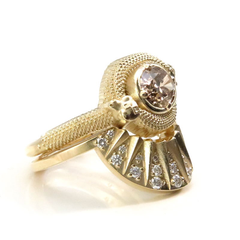 Natural Oval Champagne Diamond Engagement Ring - 14k Yellow Gold Double Trouble Snake Design with Diamond Sunrise Band | Size 6 & 8 | Perfect for Wedding Proposals, Anniversary Gifts & Romantic Occasions