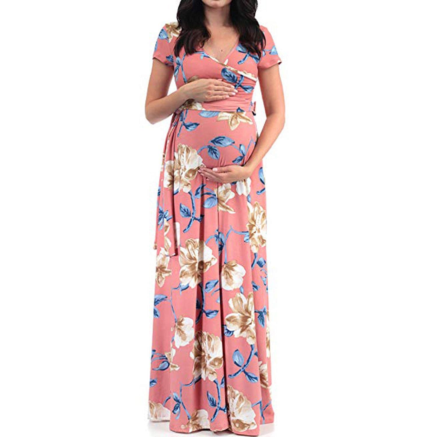 Plus Size Maternity Maxi Dress for Women - Floral Print V-Neck Long Dress for Baby Shower, Pregnancy Photo Shoot & Special Occasions