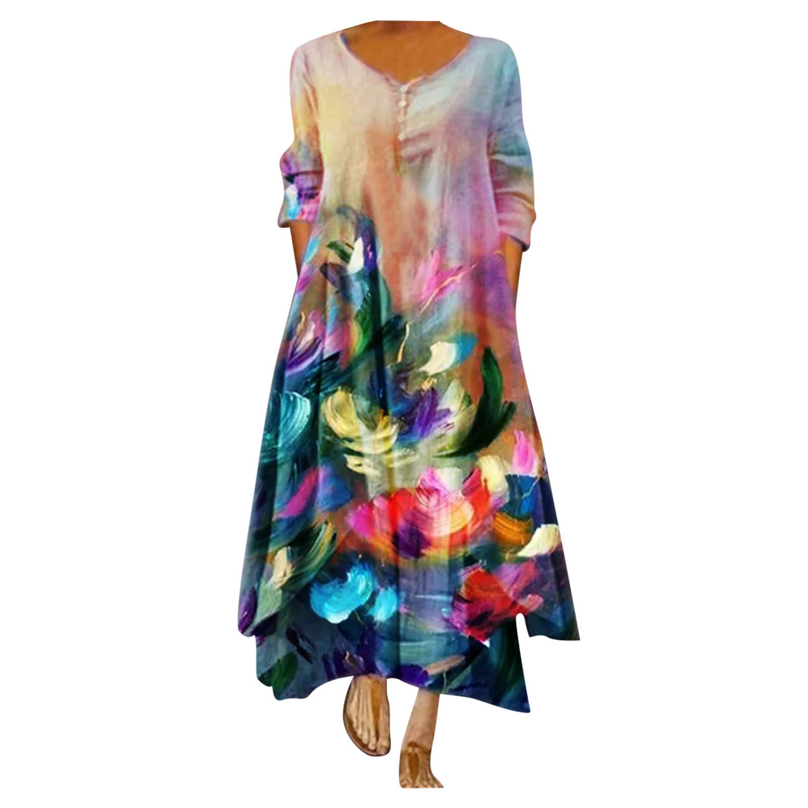 Kanedue Women's Vintage Floral Print Bohemian Maxi Dress - Plus Size Loose Linen Caftan for Beach, Summer & Casual Wear