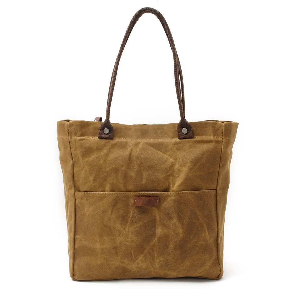 Stylish Women's Waxed Canvas Tote Bag with Genuine Leather Trim - Waterproof Work & Travel Shoulder Purse - Fits 14