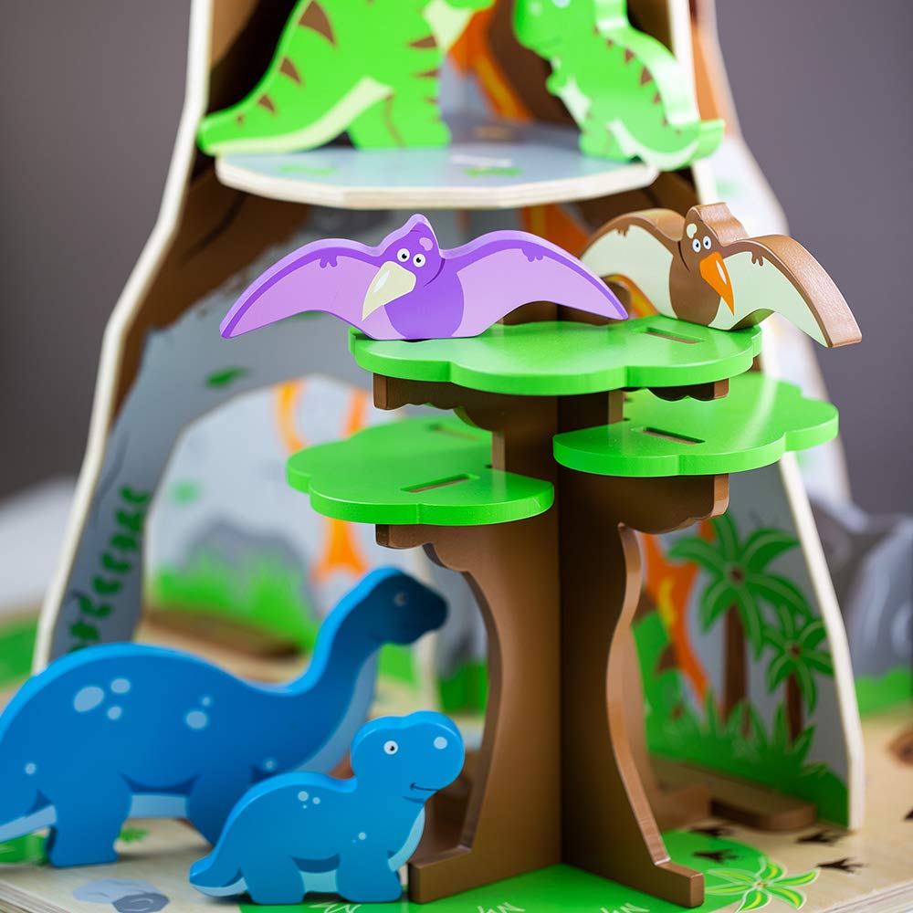Bigjigs Toys Wooden Dinosaur Island Playset - Complete Prehistoric Toy Set with Volcano & Trees for Kids, Educational STEM Learning & Imaginative Play
